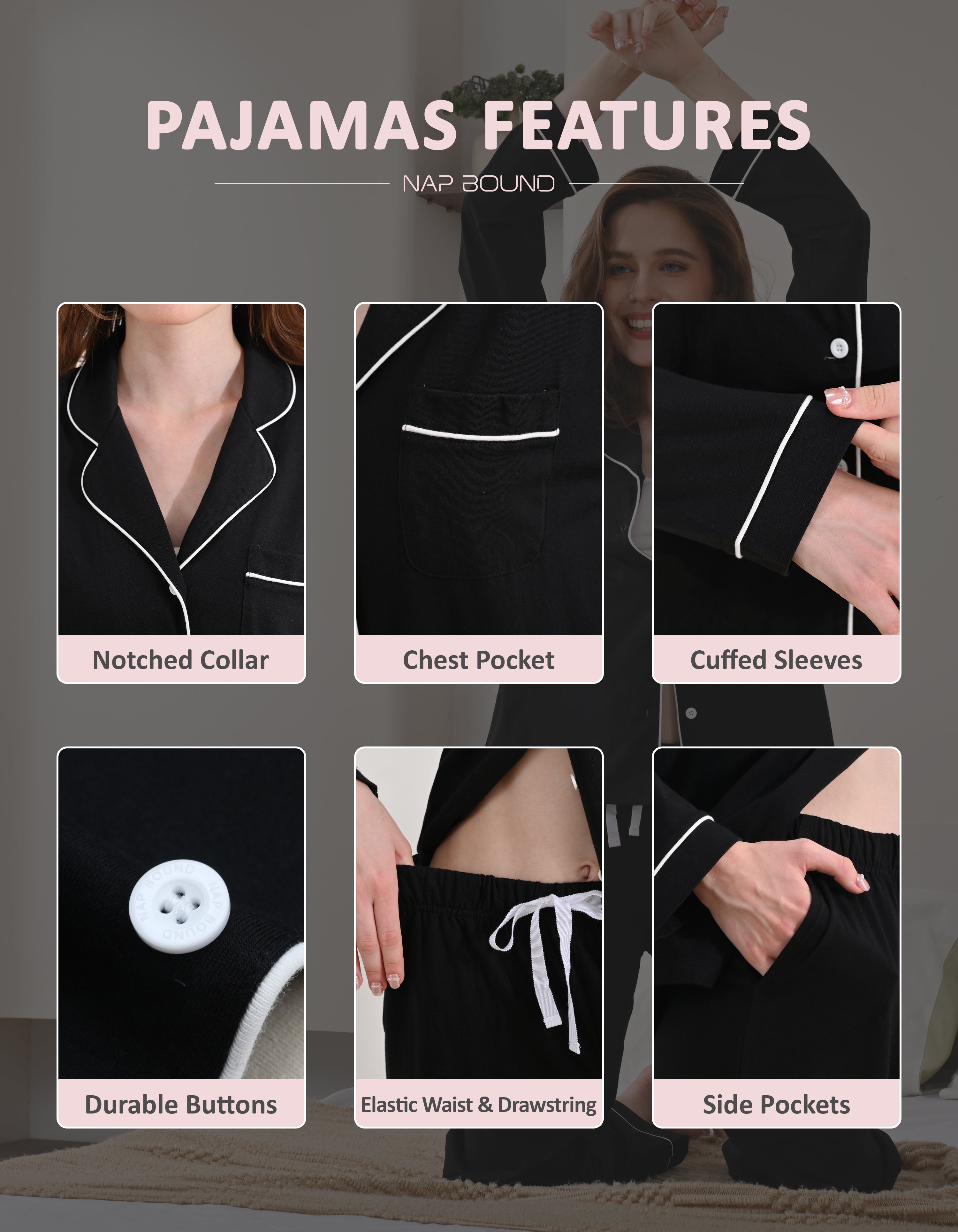 Design details of black pajamas including notched collar, chest pocket, cuffed sleeves, and drawstring waist