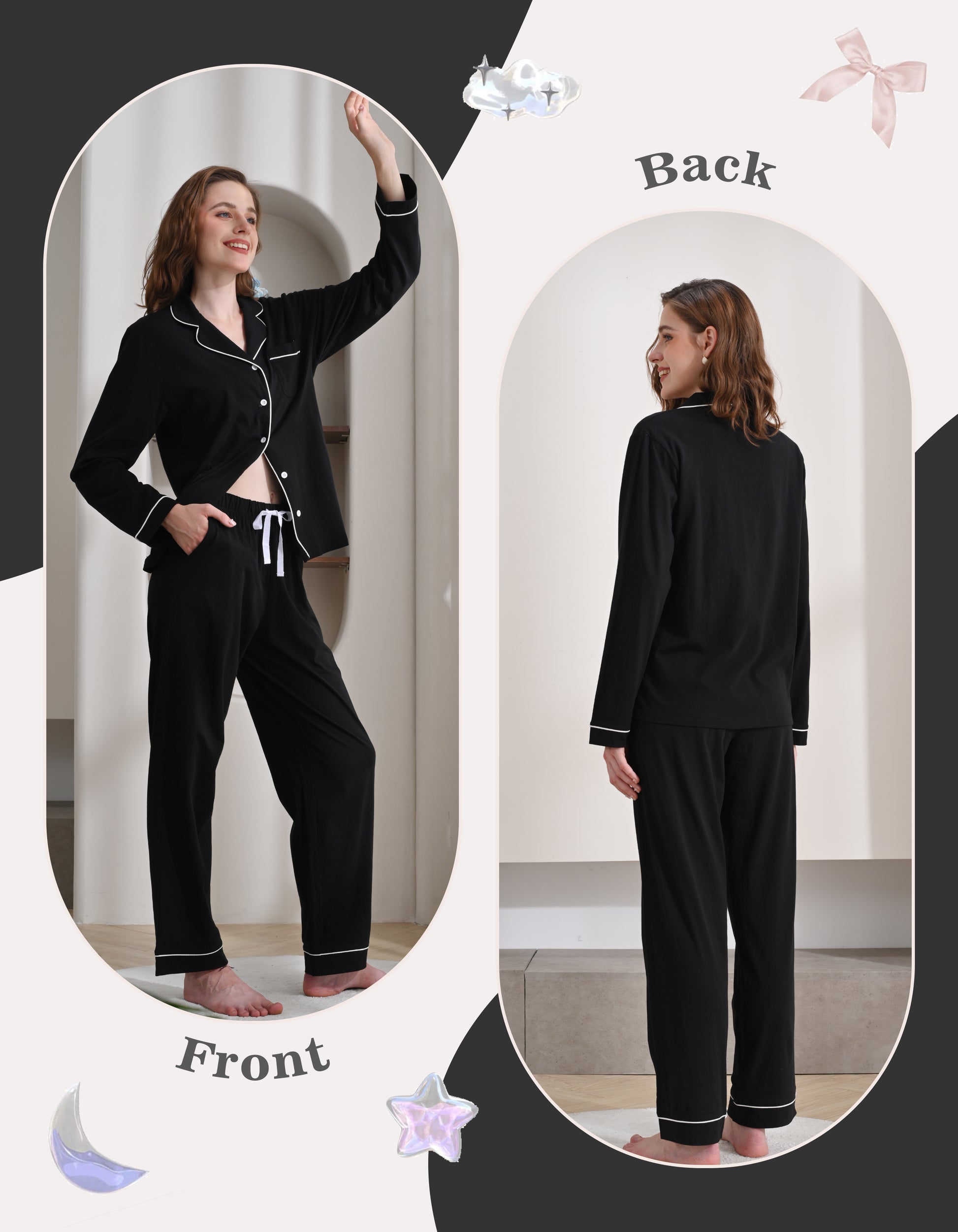 Front and back view comparison of black women’s knit cotton pajama set