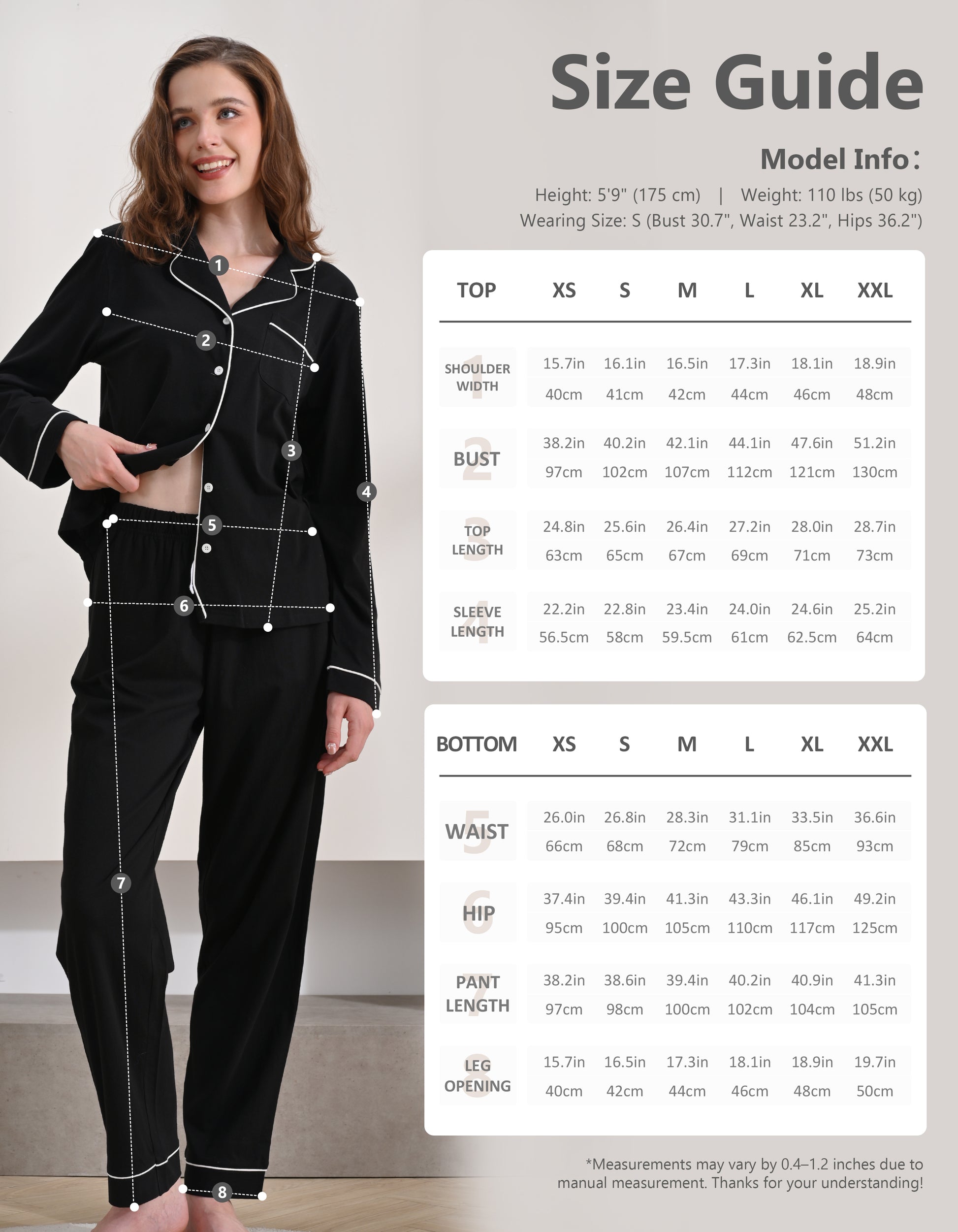 Size chart for women’s black knit cotton pajama set top and pants