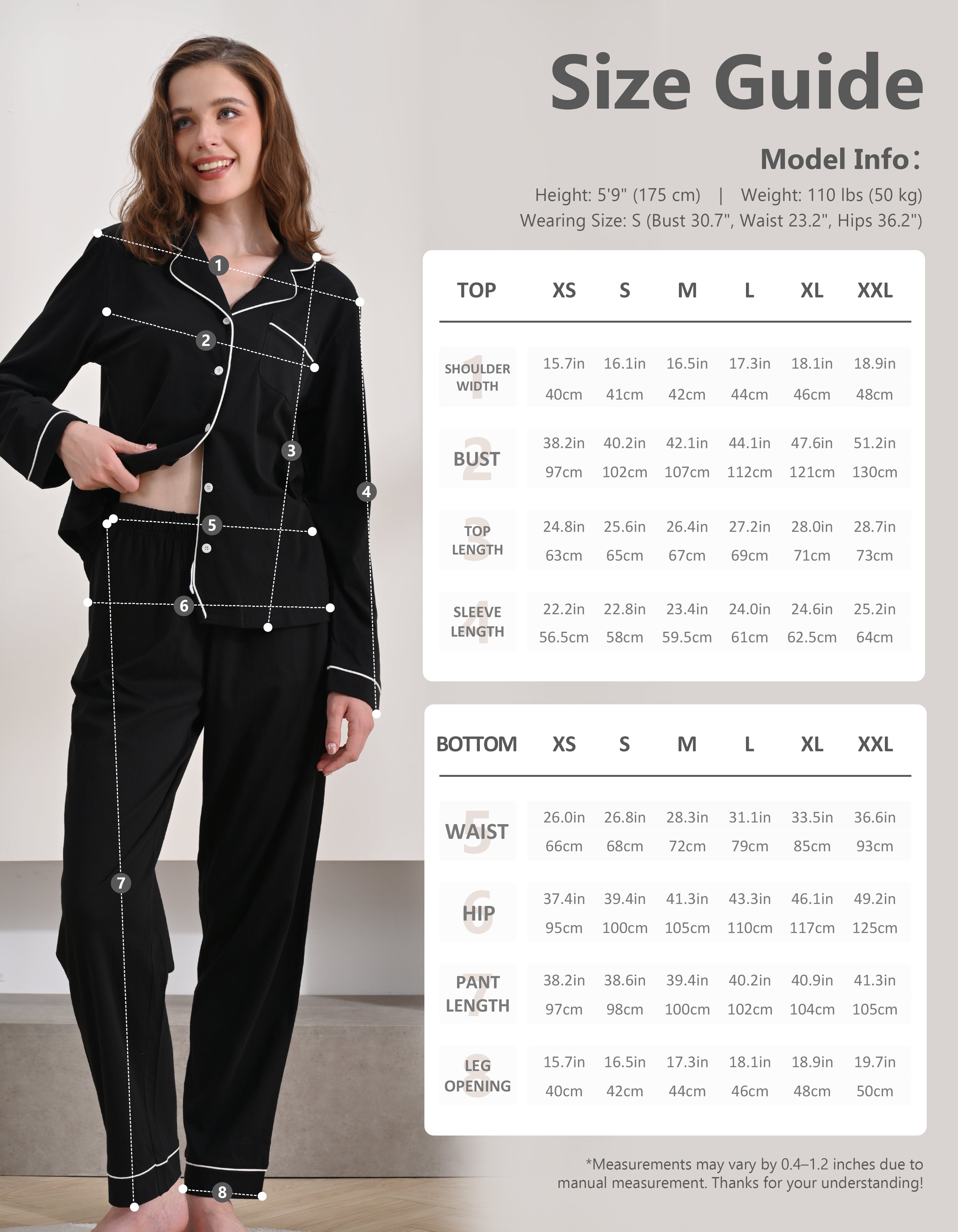 Size chart for women’s black knit cotton pajama set top and pants