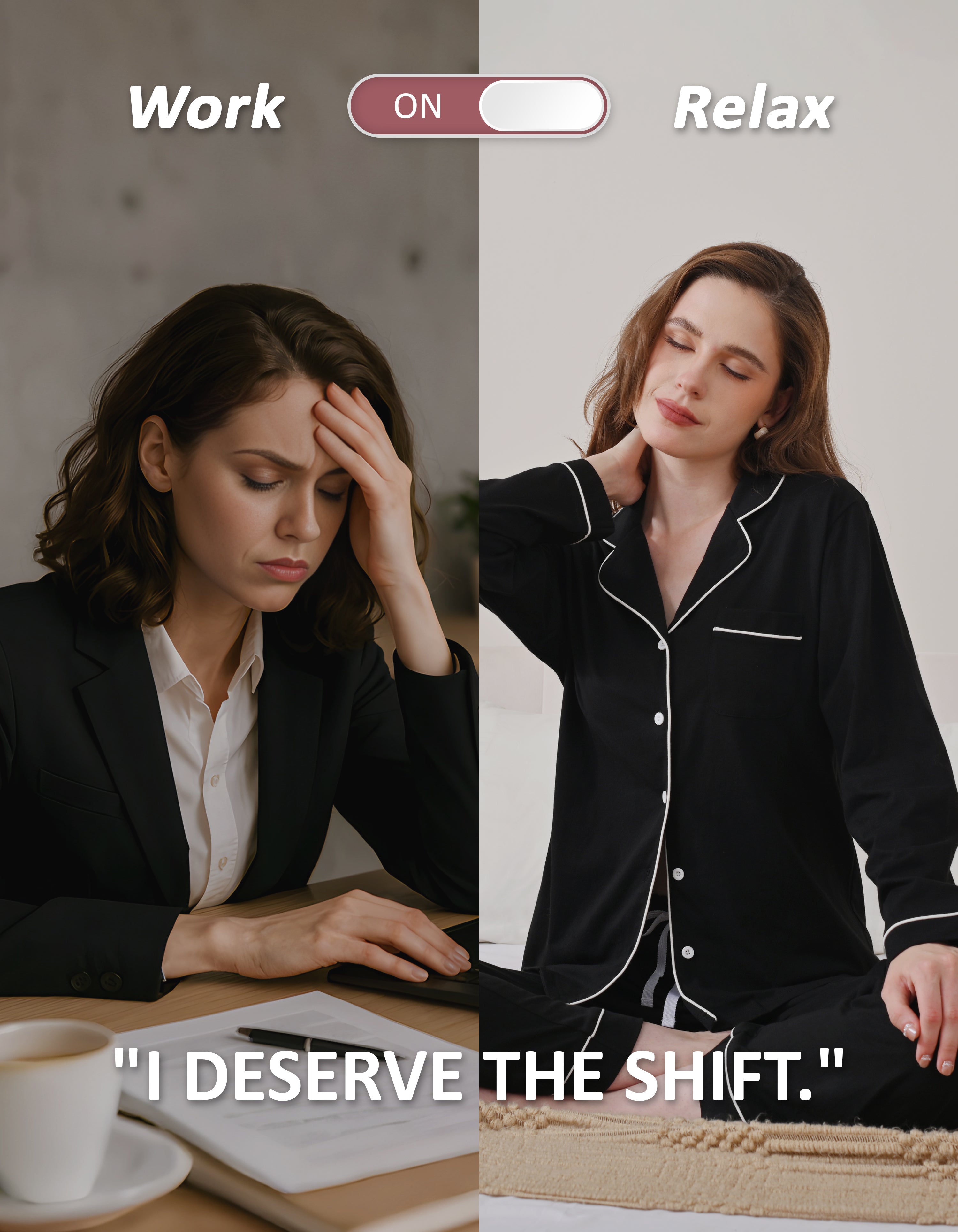 Work to relax lifestyle comparison showing women wearing black knit cotton pajamas