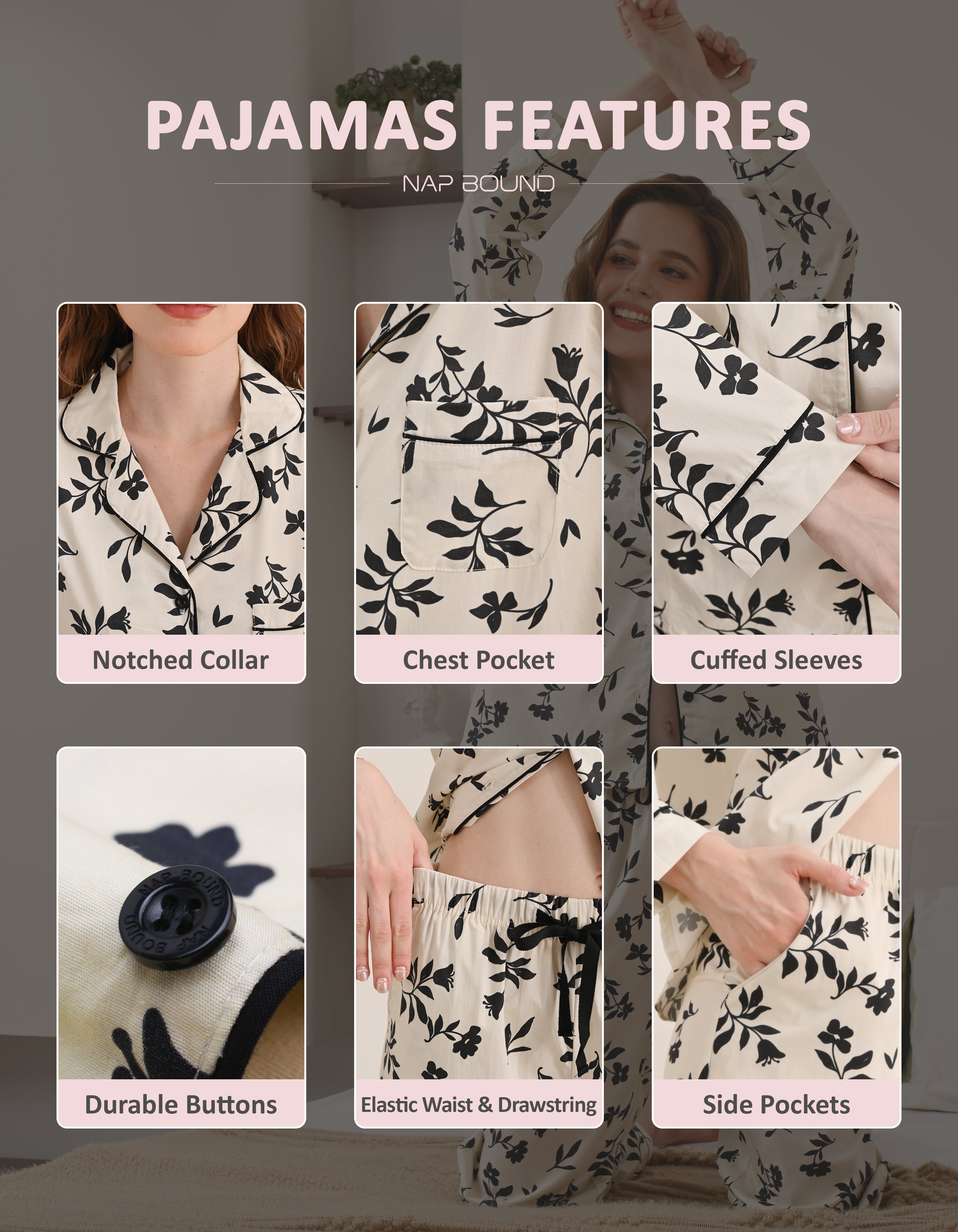 Design details of black and white floral pajamas including notched collar, chest pocket, cuffed sleeves, and drawstring waist
