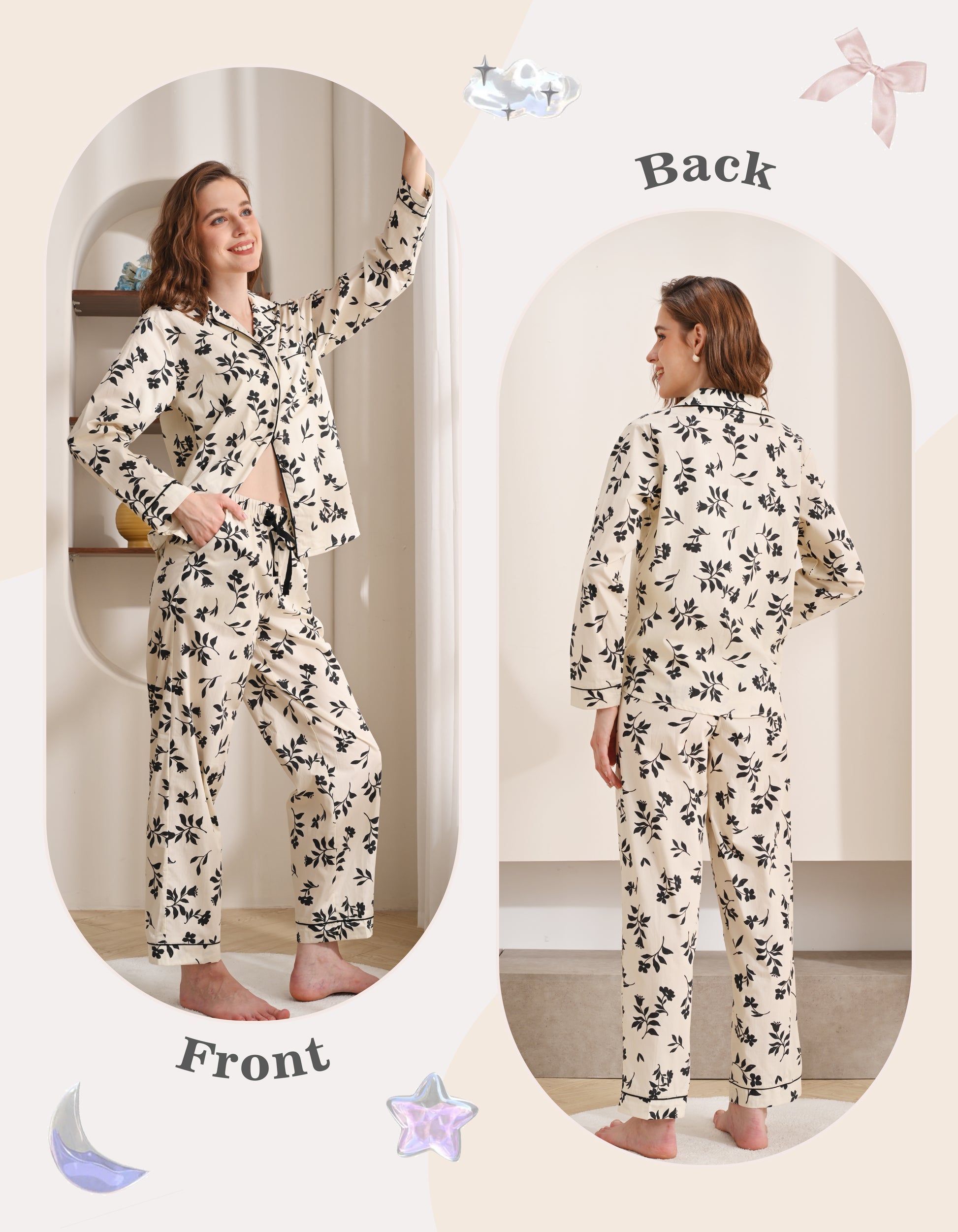 Front and back view comparison of black and white floral women’s woven cotton pajama set
