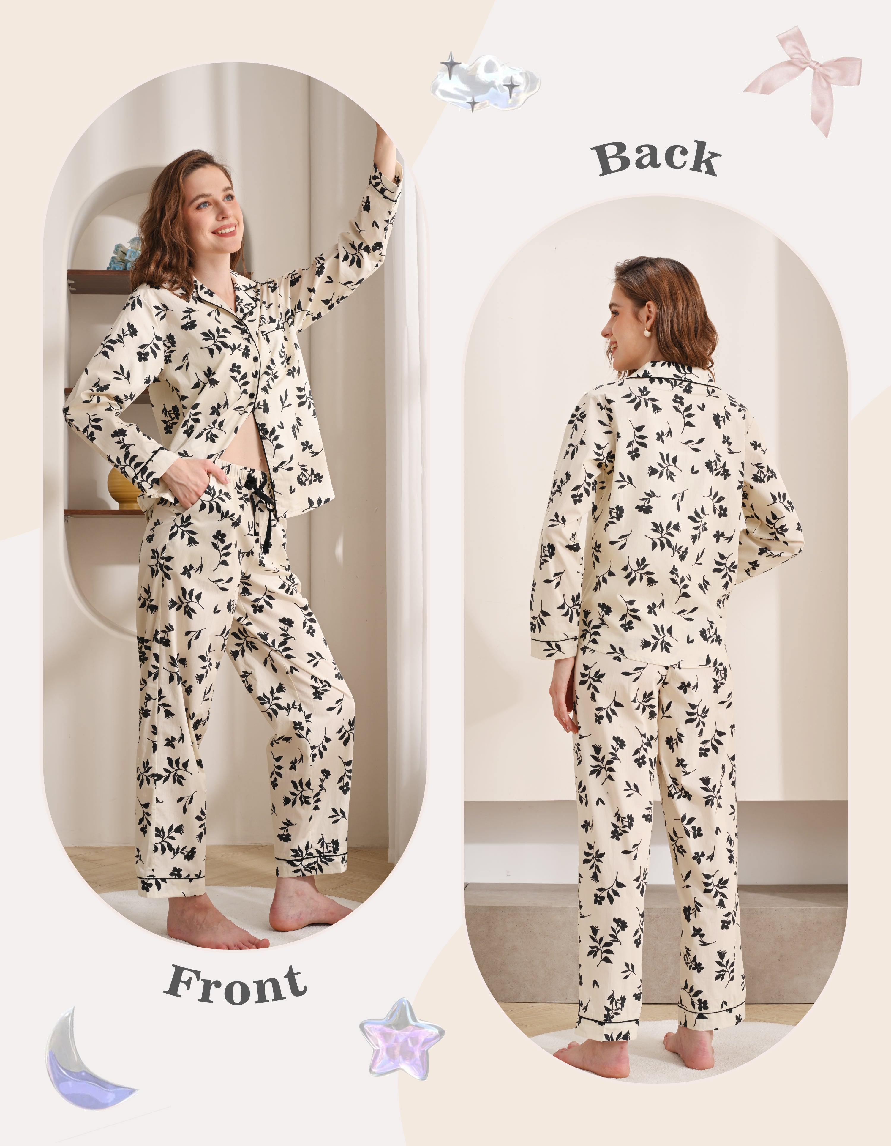Front and back view comparison of black and white floral women’s woven cotton pajama set