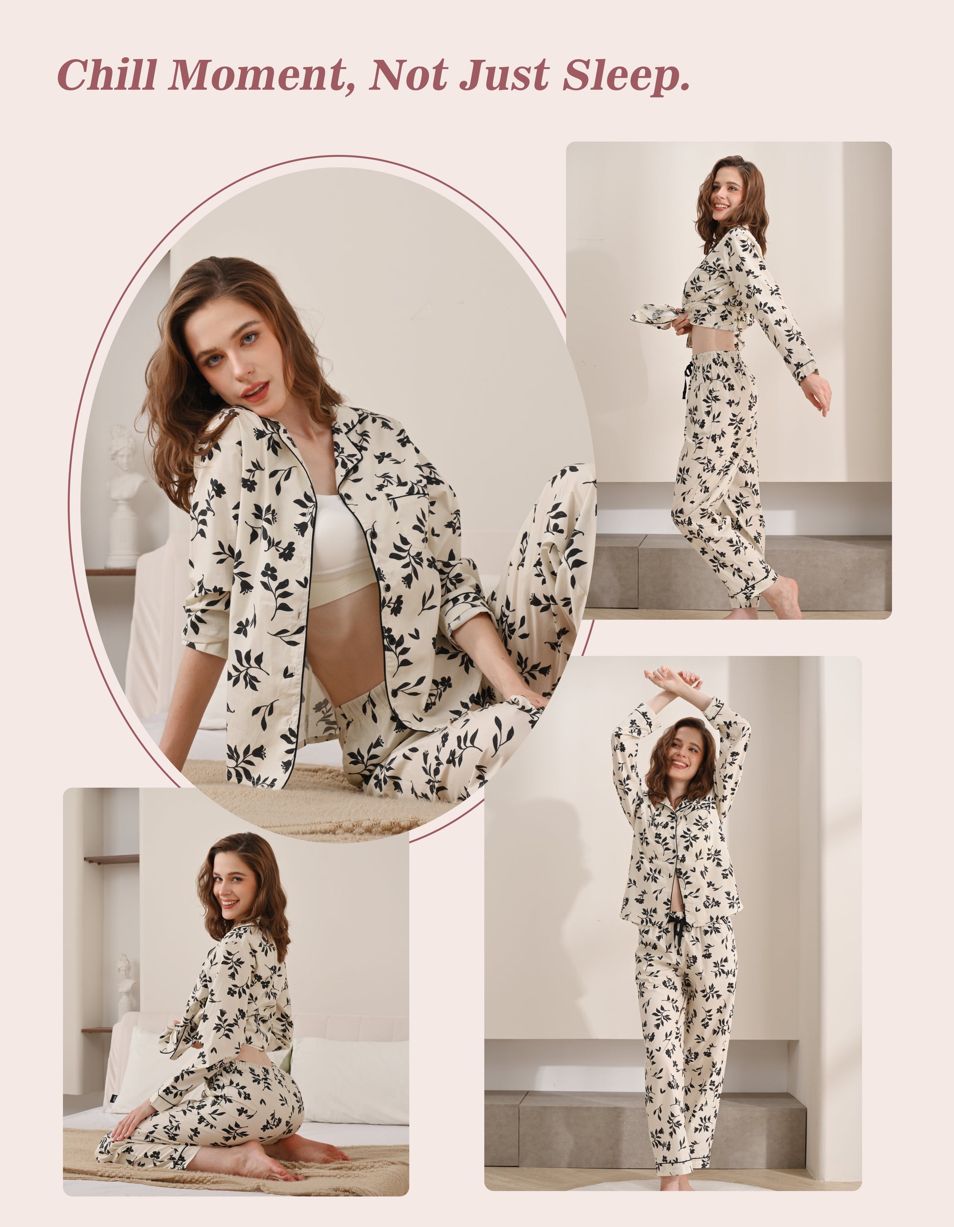 Model wearing black and white floral woven cotton pajamas in cozy home and relaxing scenes