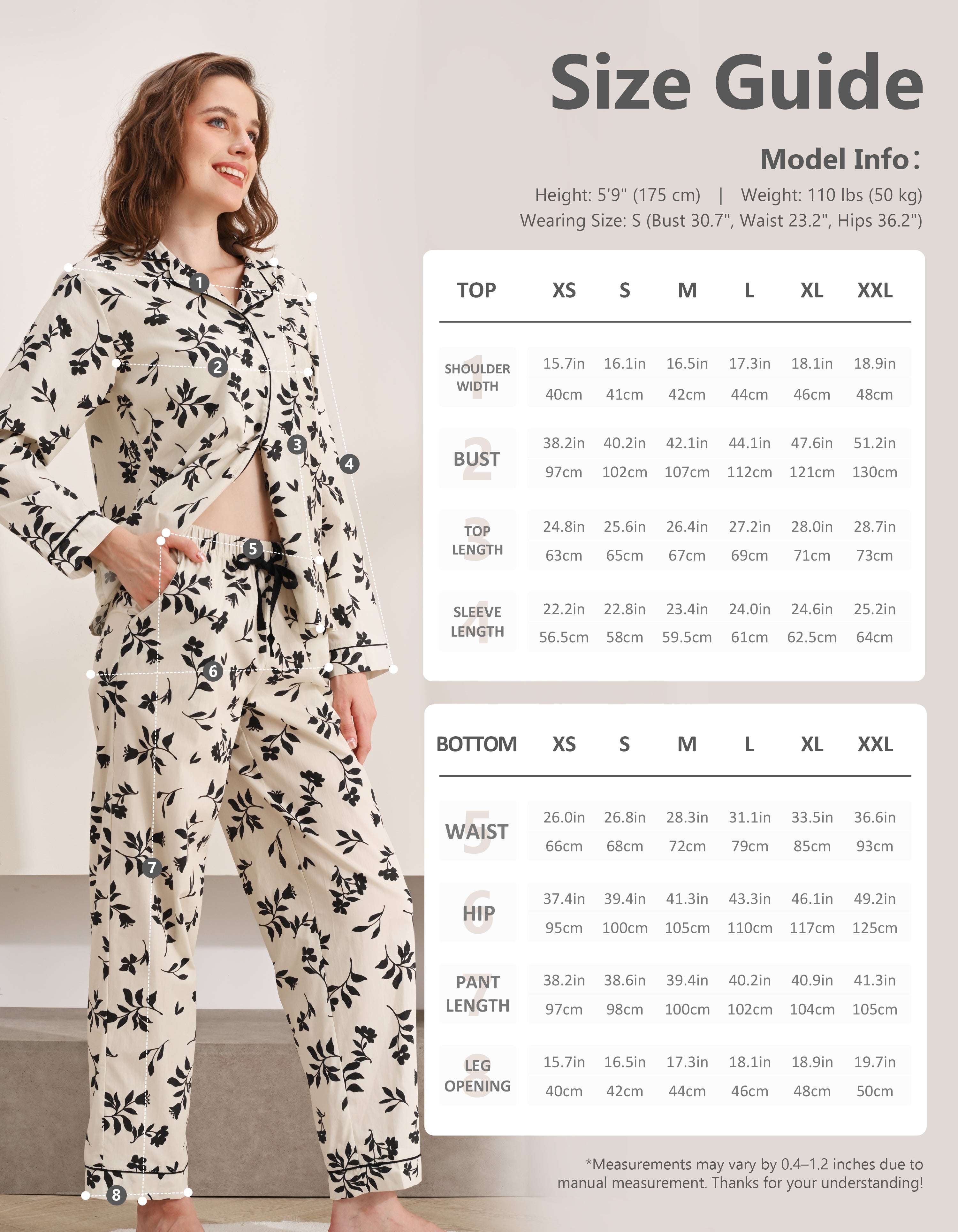 Size chart for women’s black and white floral woven cotton pajama set top and pants
