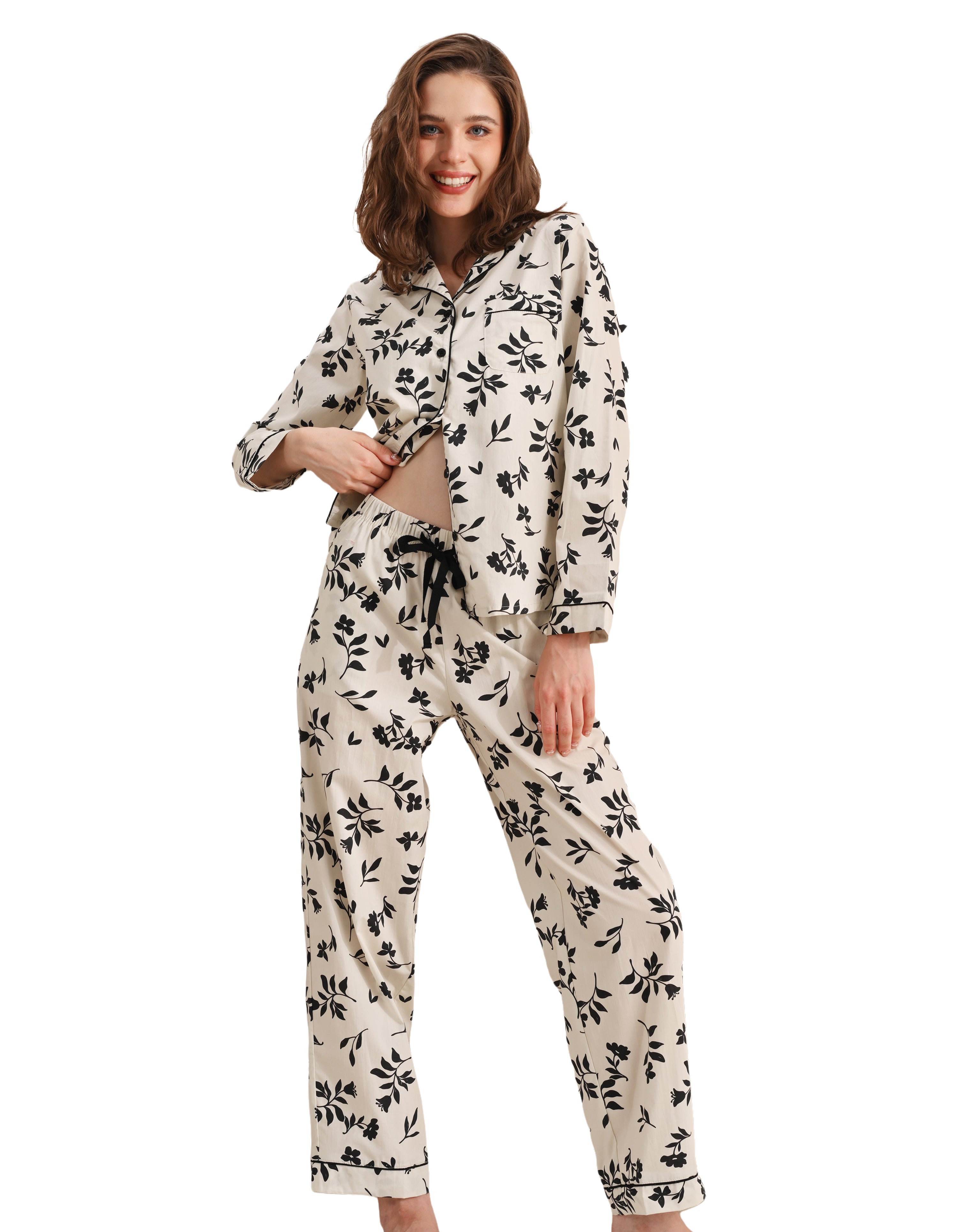 Black and white floral women’s woven cotton pajama set front view on white background