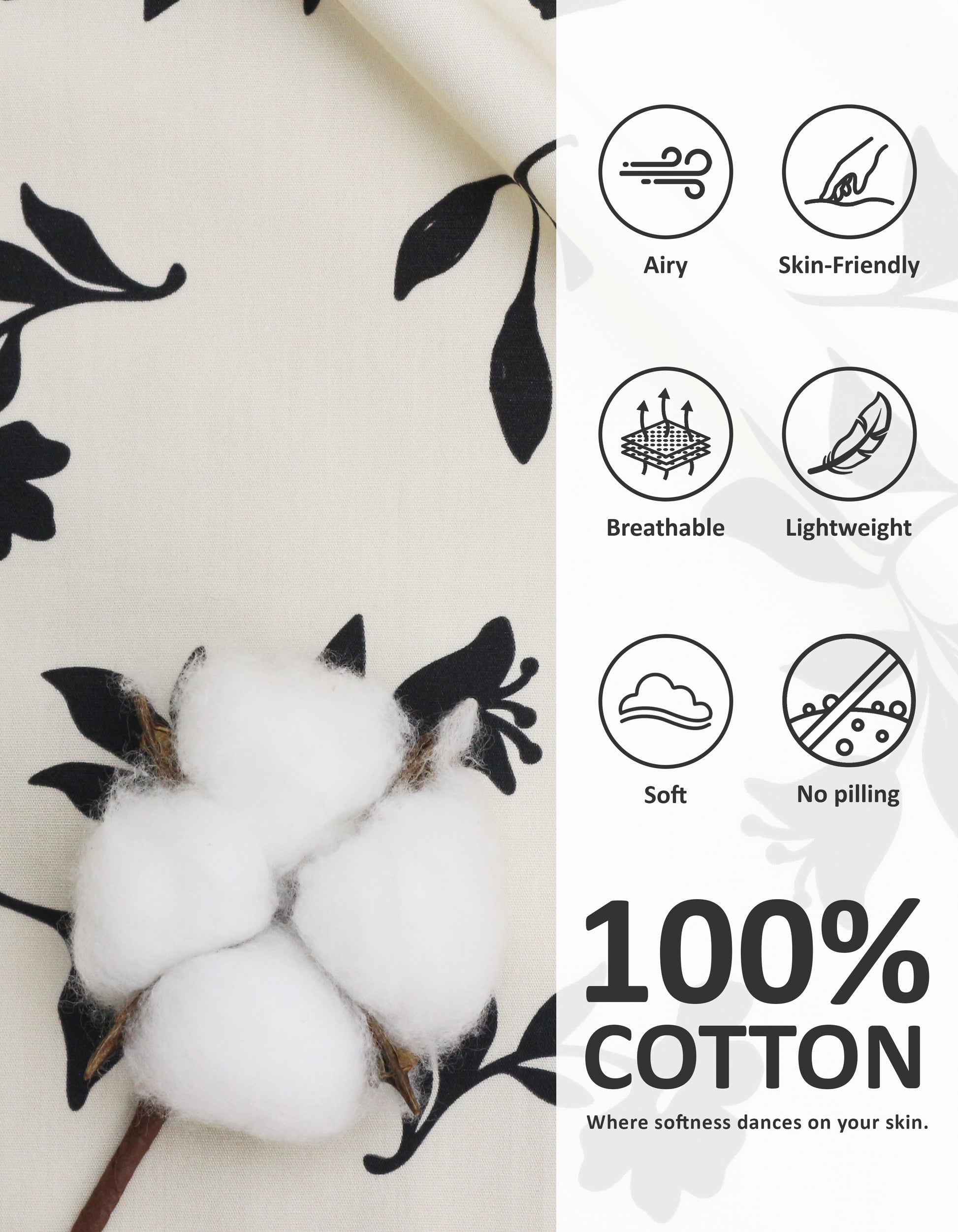 Close-up of black and white floral woven cotton pajama fabric showing breathability and softness