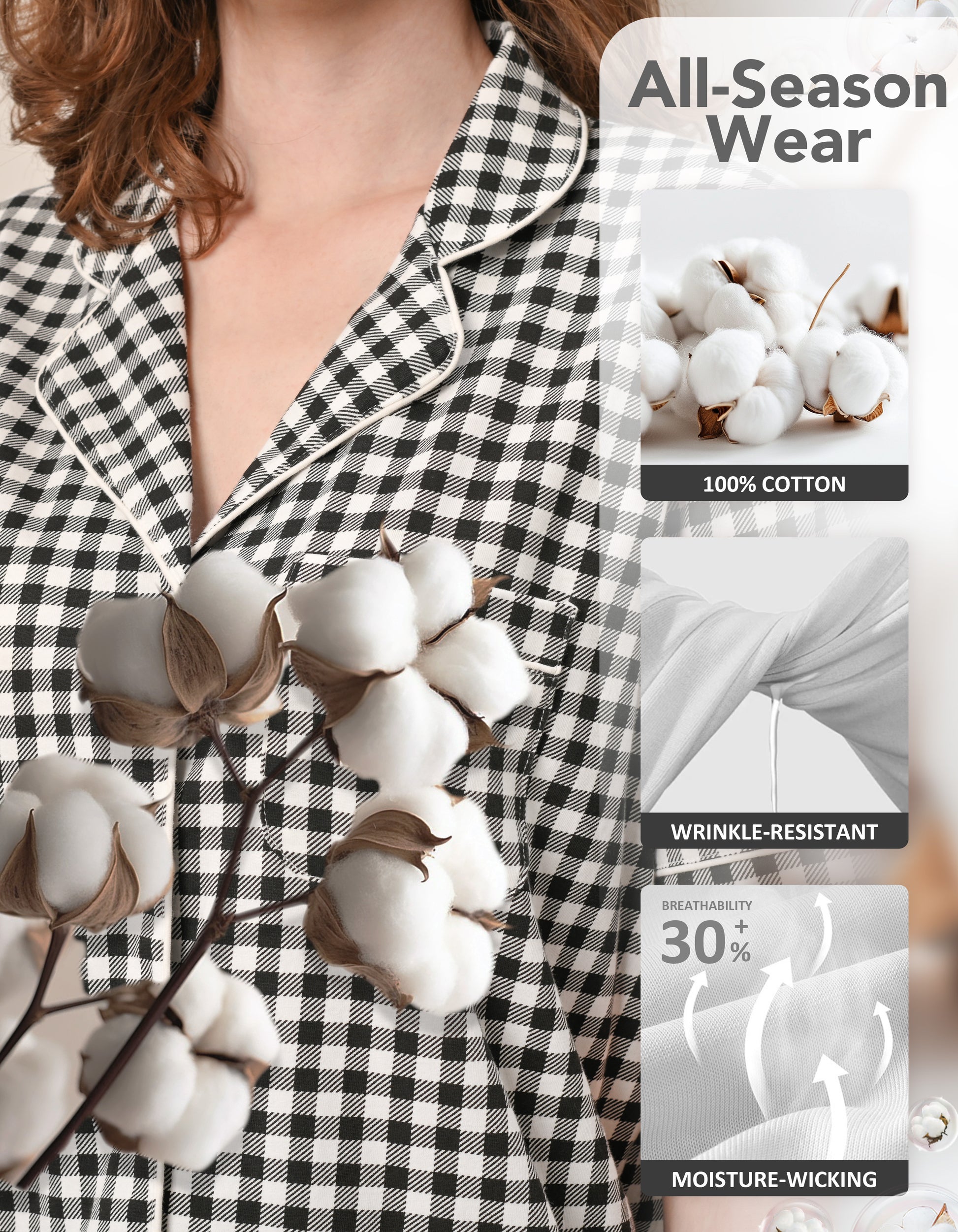Women’s 100% Cotton Pajama Set, Short Sleeve Button-Down Top & Long Pants, Breathable Soft Sleepwear with Pockets, XS–XXL – Black White Gingham - NapBound