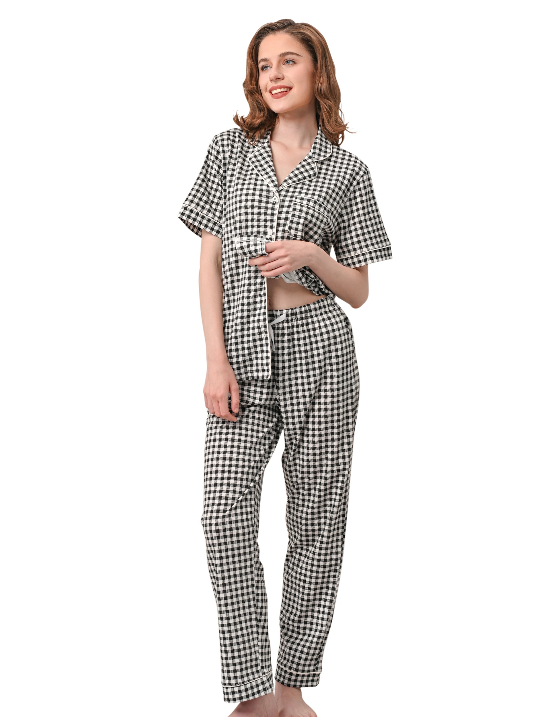 Women’s 100% Cotton Pajama Set, Short Sleeve Button-Down Top & Long Pants, Breathable Soft Sleepwear with Pockets, XS–XXL – Black White Gingham - NapBound