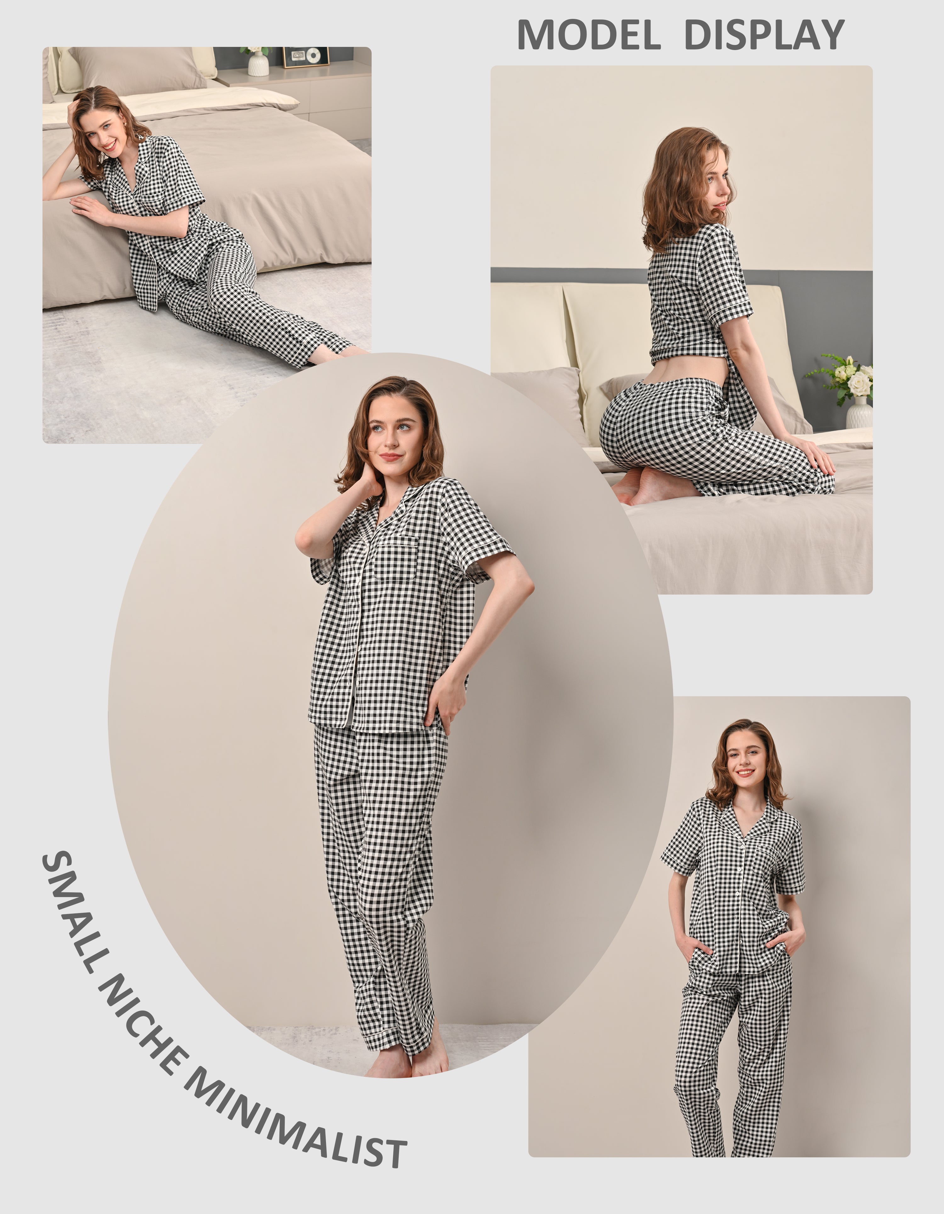 Women’s 100% Cotton Pajama Set, Short Sleeve Button-Down Top & Long Pants, Breathable Soft Sleepwear with Pockets, XS–XXL – Black White Gingham - NapBound