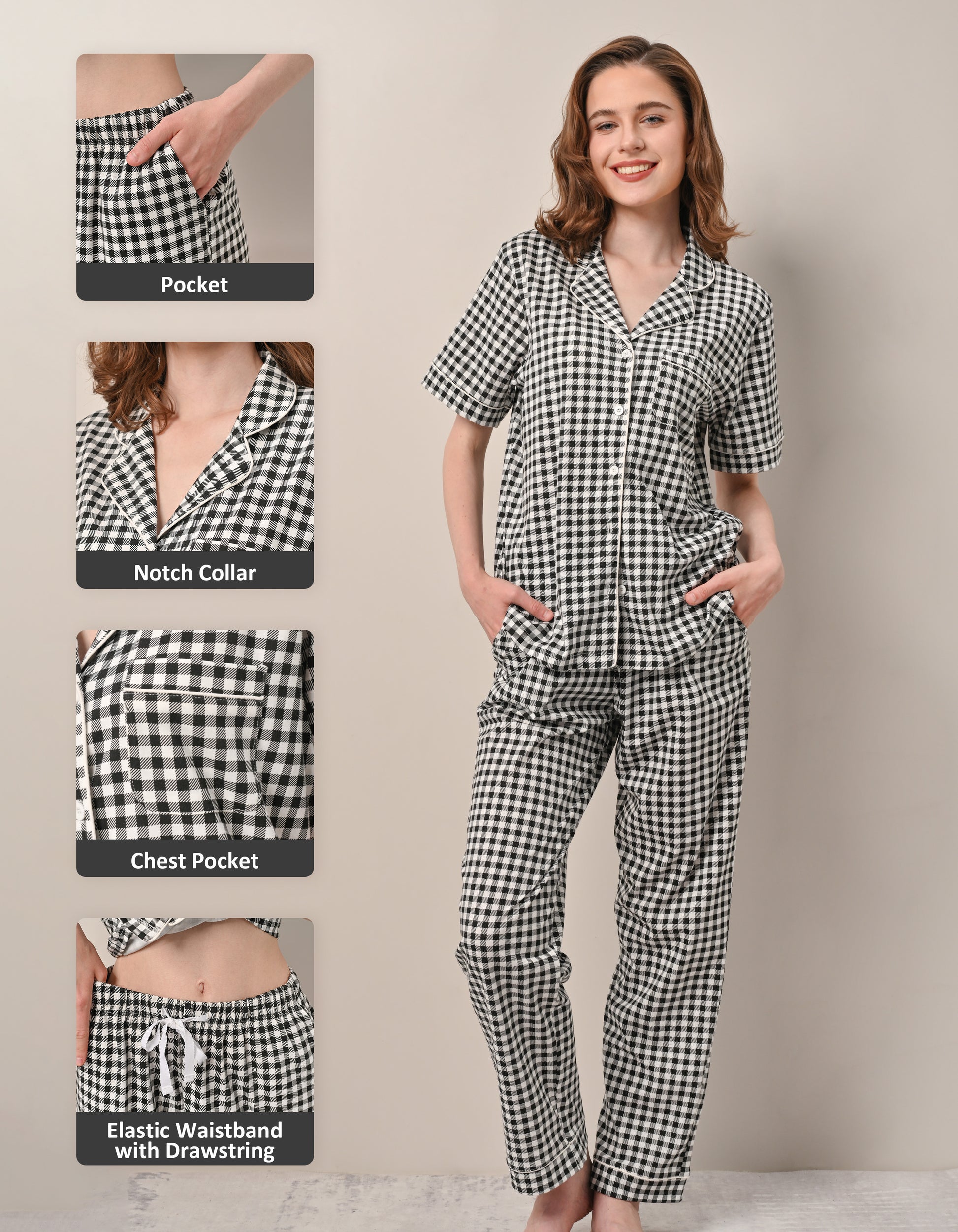 Women’s 100% Cotton Pajama Set, Short Sleeve Button-Down Top & Long Pants, Breathable Soft Sleepwear with Pockets, XS–XXL – Black White Gingham - NapBound