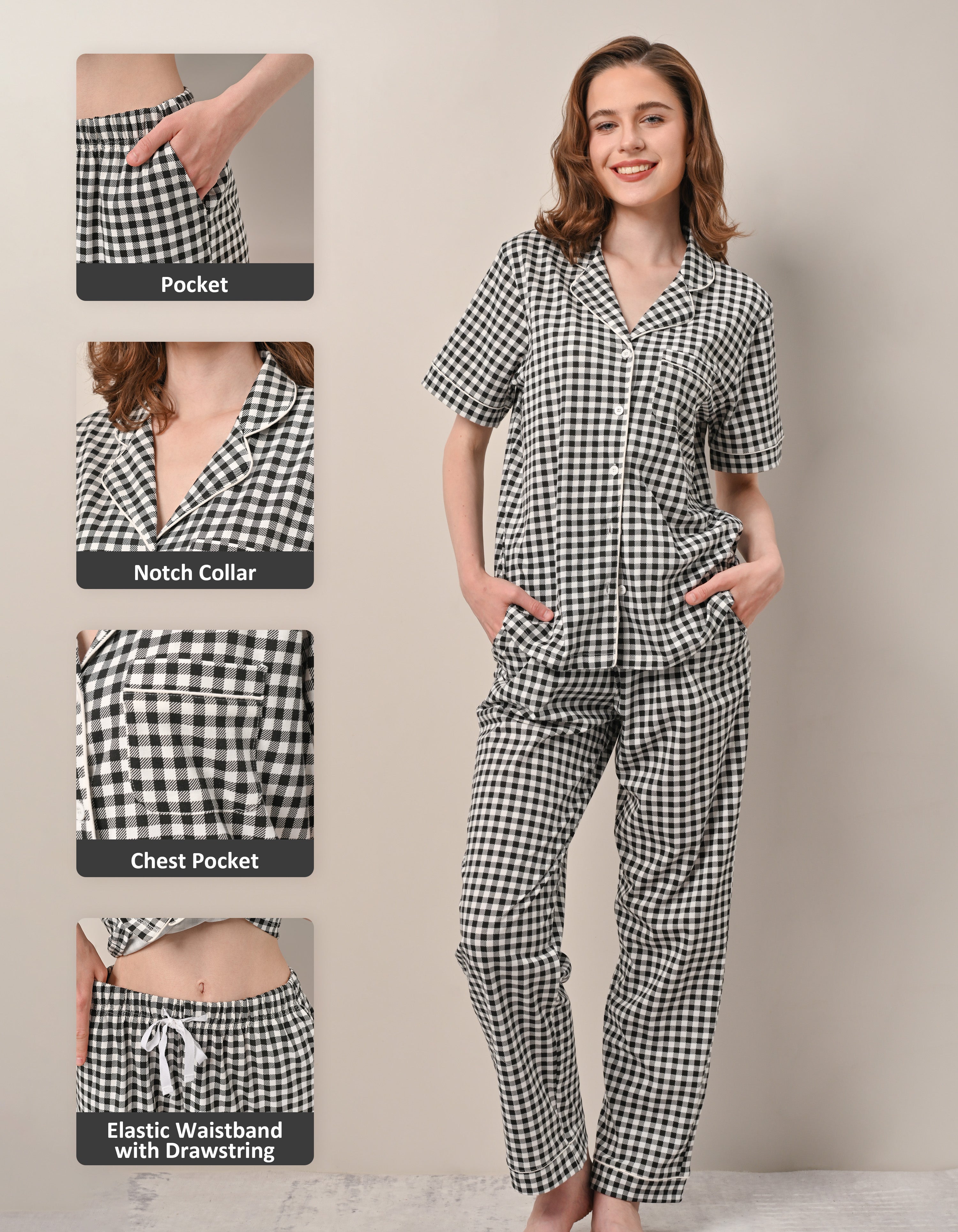 Women’s 100% Cotton Pajama Set, Short Sleeve Button-Down Top & Long Pants, Breathable Soft Sleepwear with Pockets, XS–XXL – Black White Gingham - NapBound