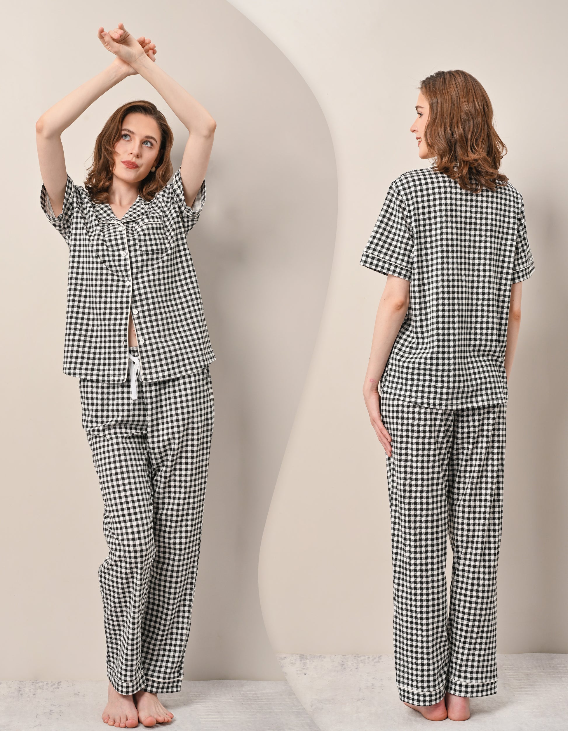 Women’s 100% Cotton Pajama Set, Short Sleeve Button-Down Top & Long Pants, Breathable Soft Sleepwear with Pockets, XS–XXL – Black White Gingham - NapBound