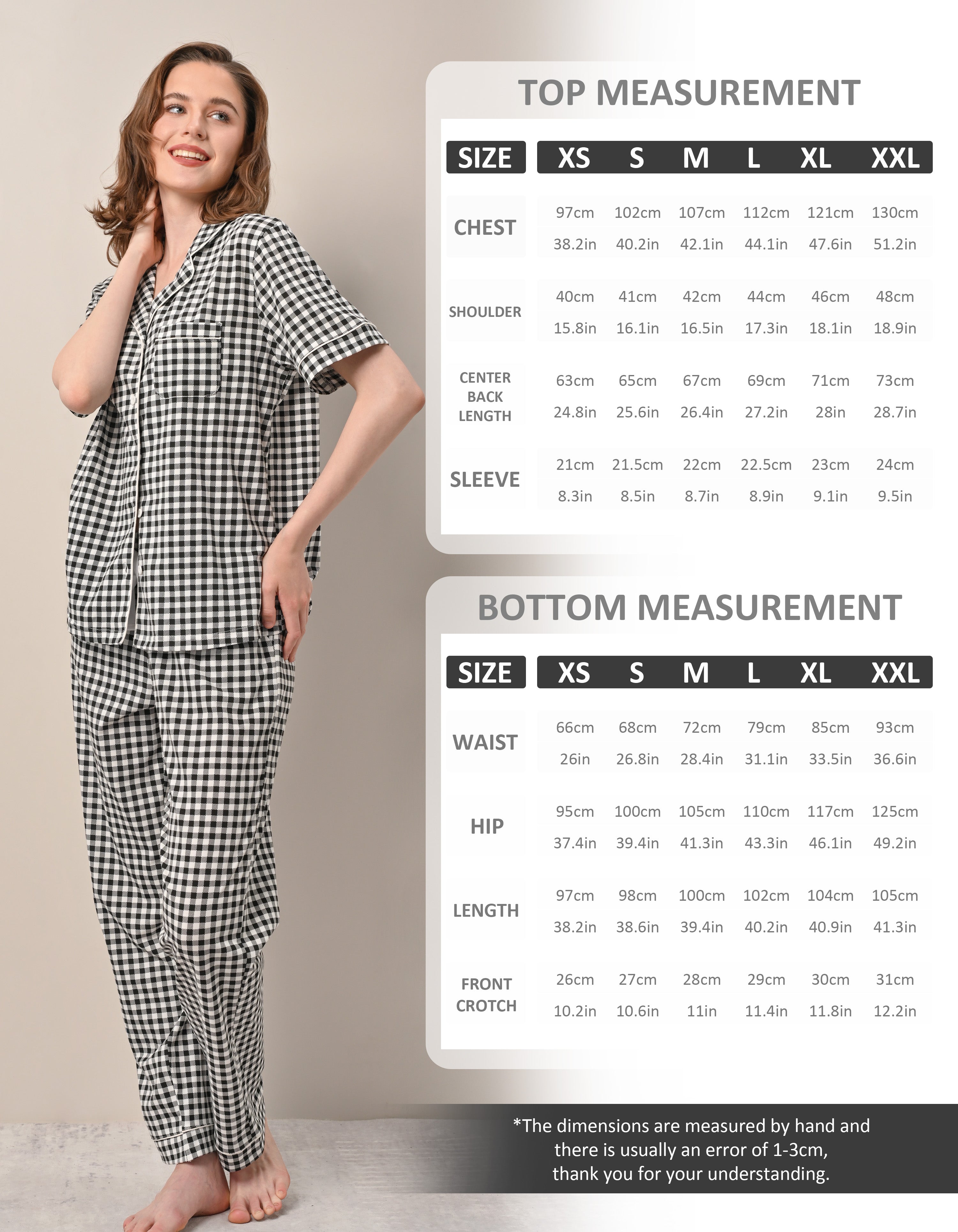 Women’s 100% Cotton Pajama Set, Short Sleeve Button-Down Top & Long Pants, Breathable Soft Sleepwear with Pockets, XS–XXL – Black White Gingham - NapBound