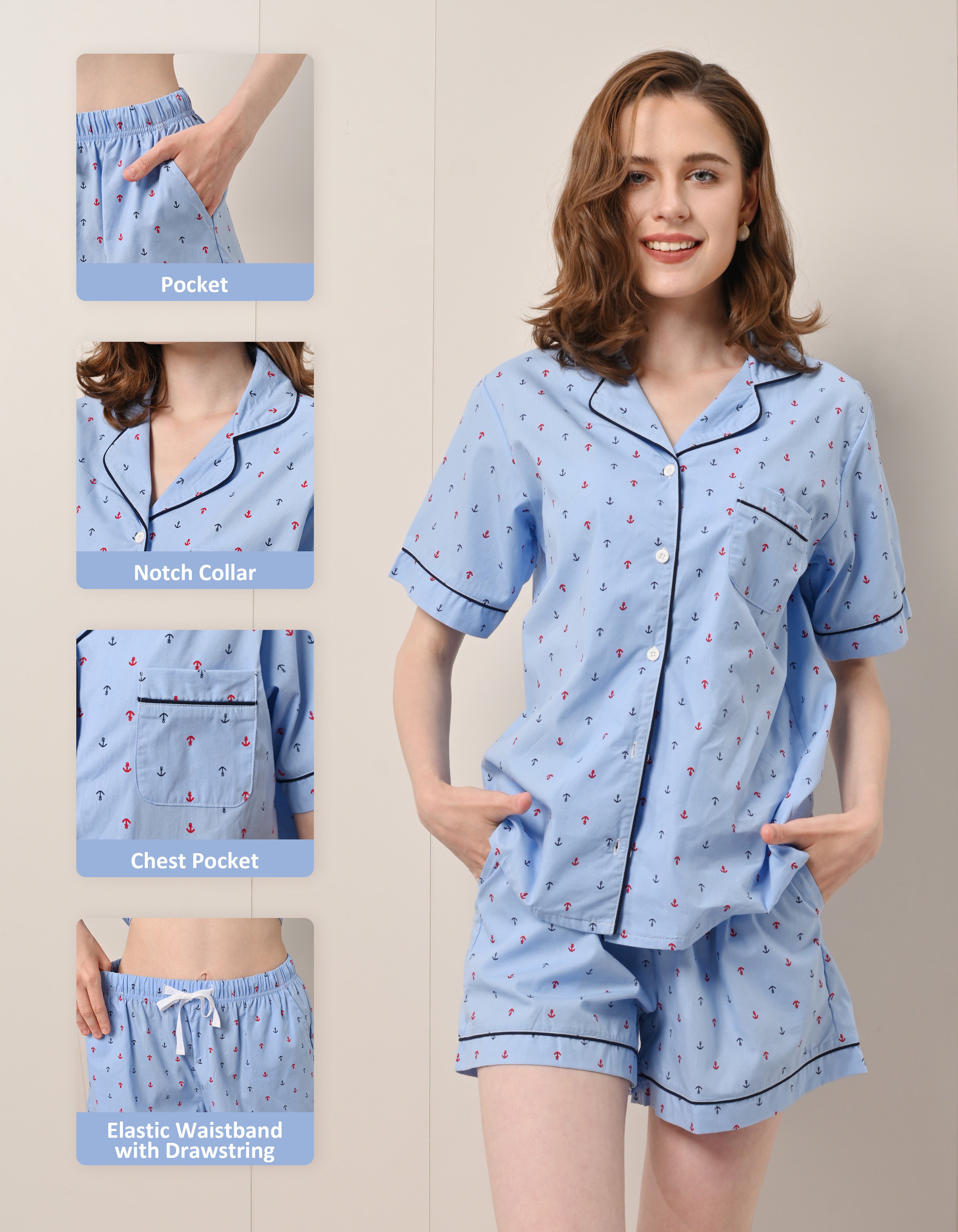 blue anchor pajama details notch collar pocket drawstring waistband