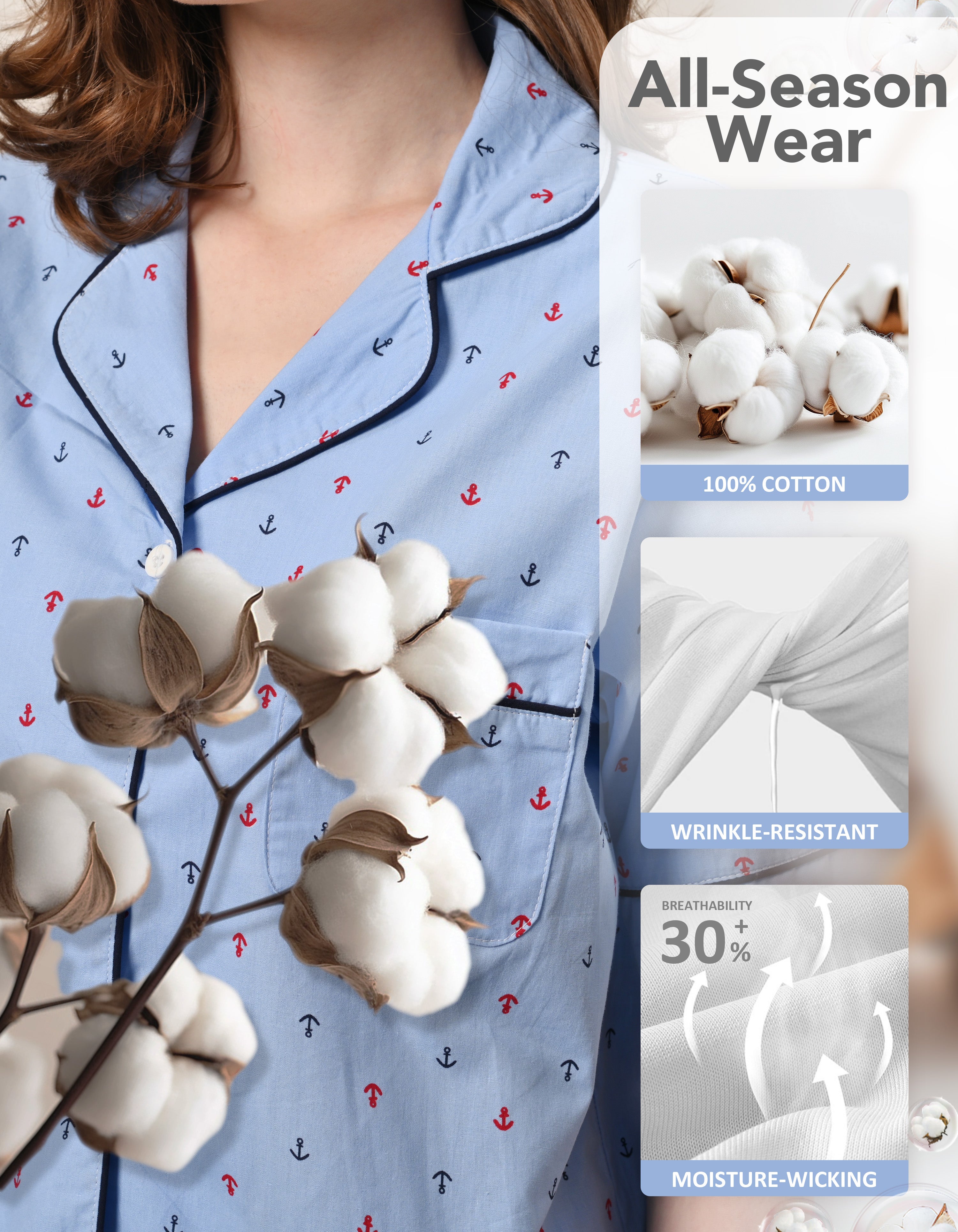 blue anchor woven cotton breathable lightweight fabric