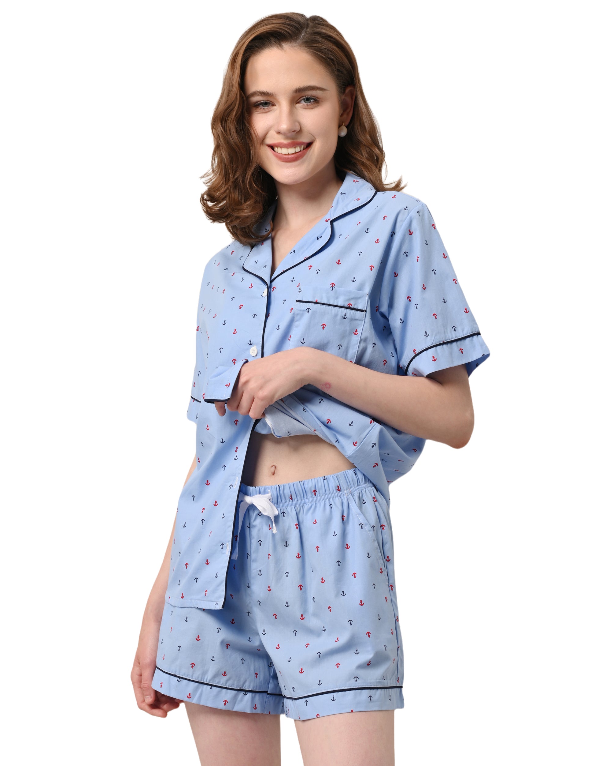 women blue anchor woven cotton pajama set front white background