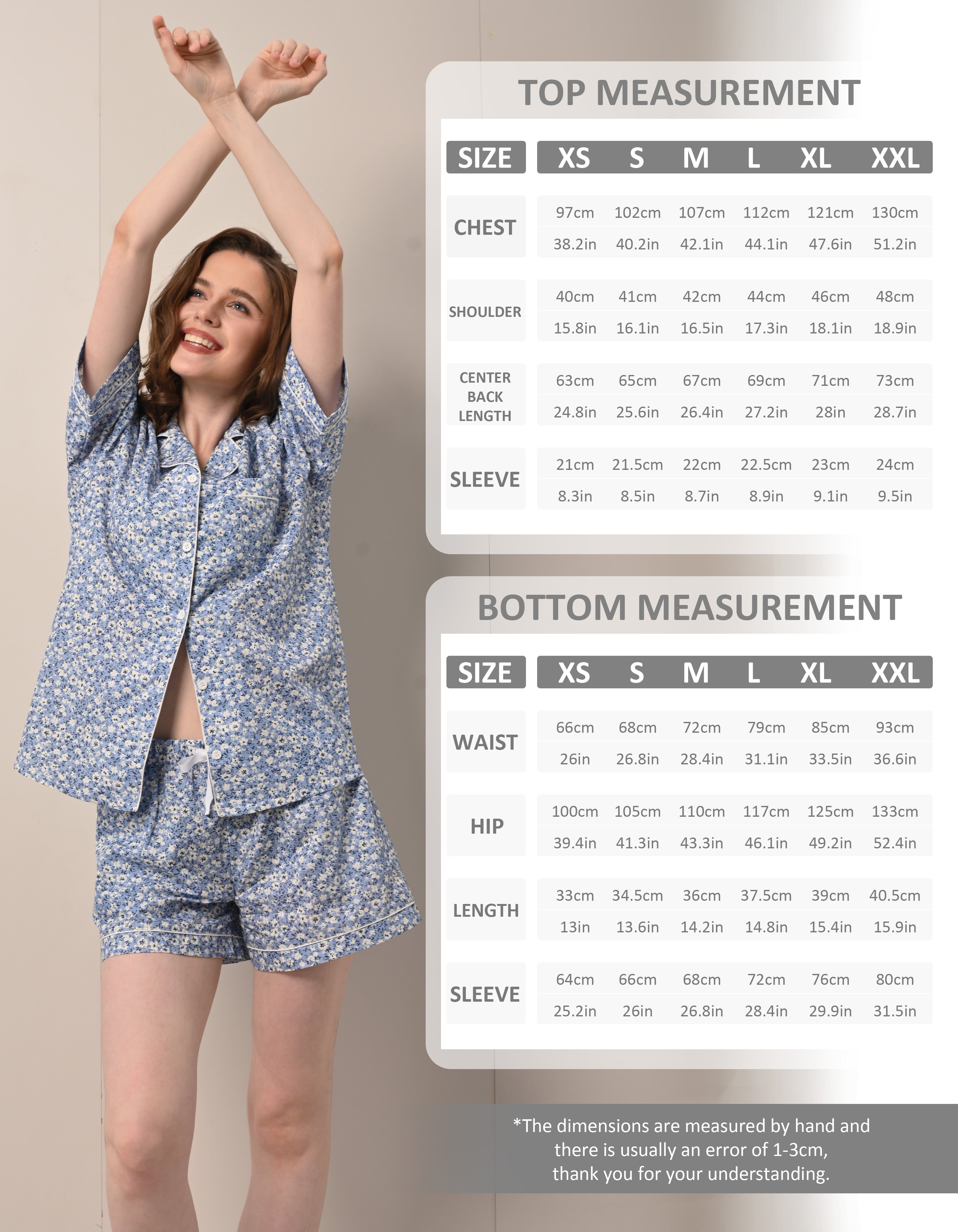Size chart for women blue ditsy floral woven cotton pajama set top and shorts