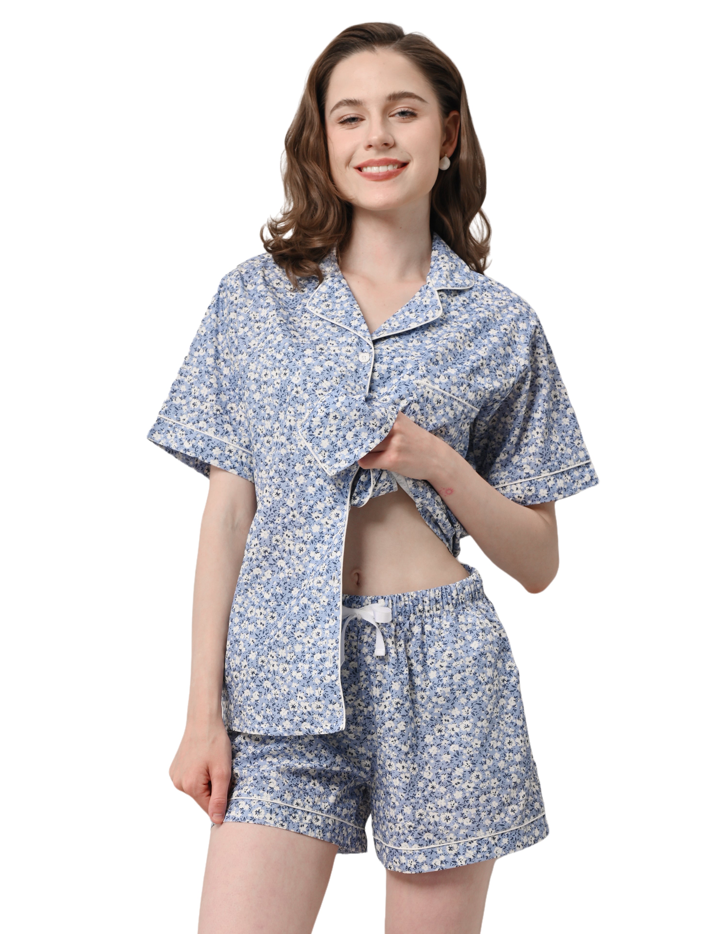 Women blue ditsy floral woven cotton pajama set front view on white background