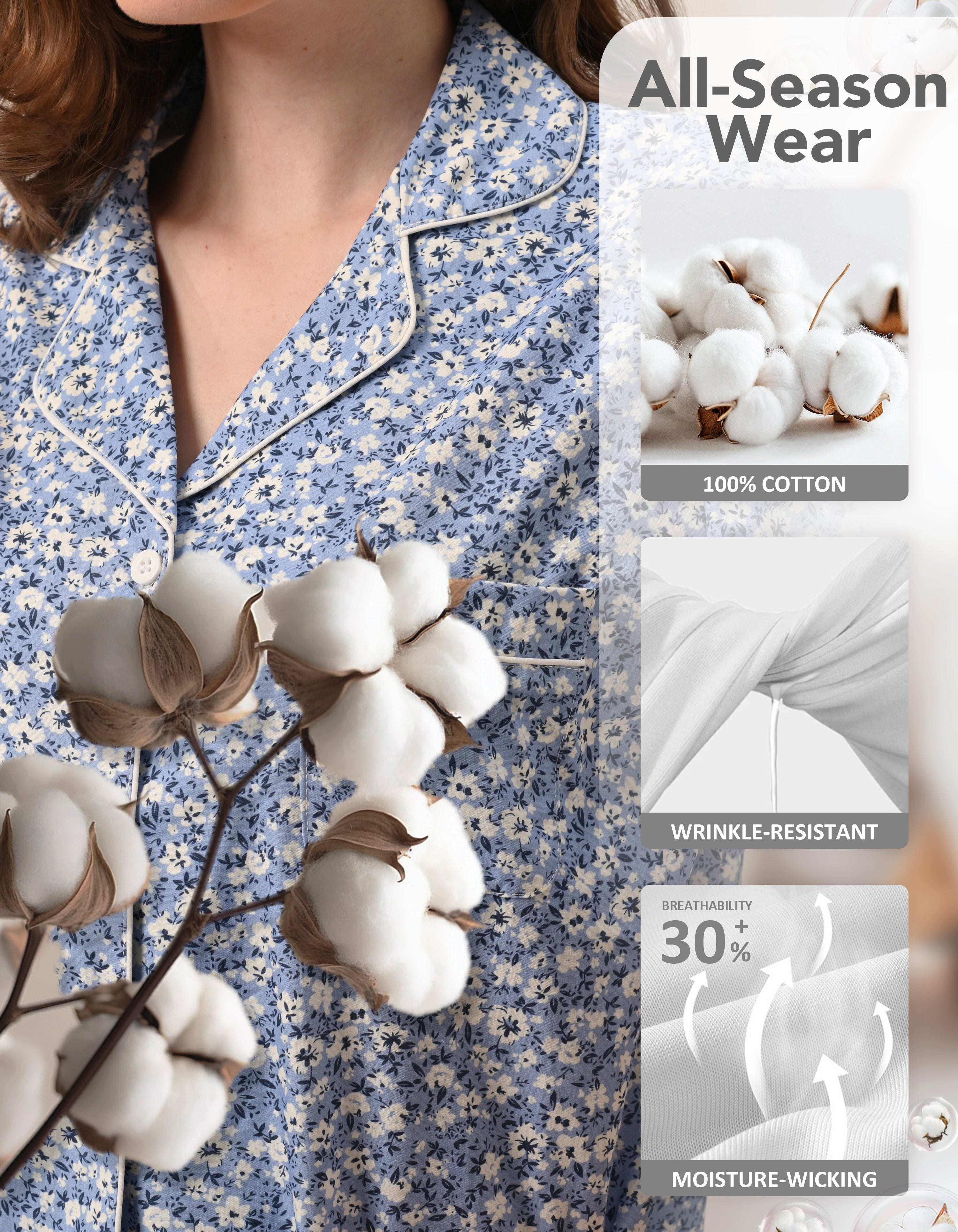 Close-up of blue ditsy floral woven cotton pajama fabric showing breathable lightweight texture