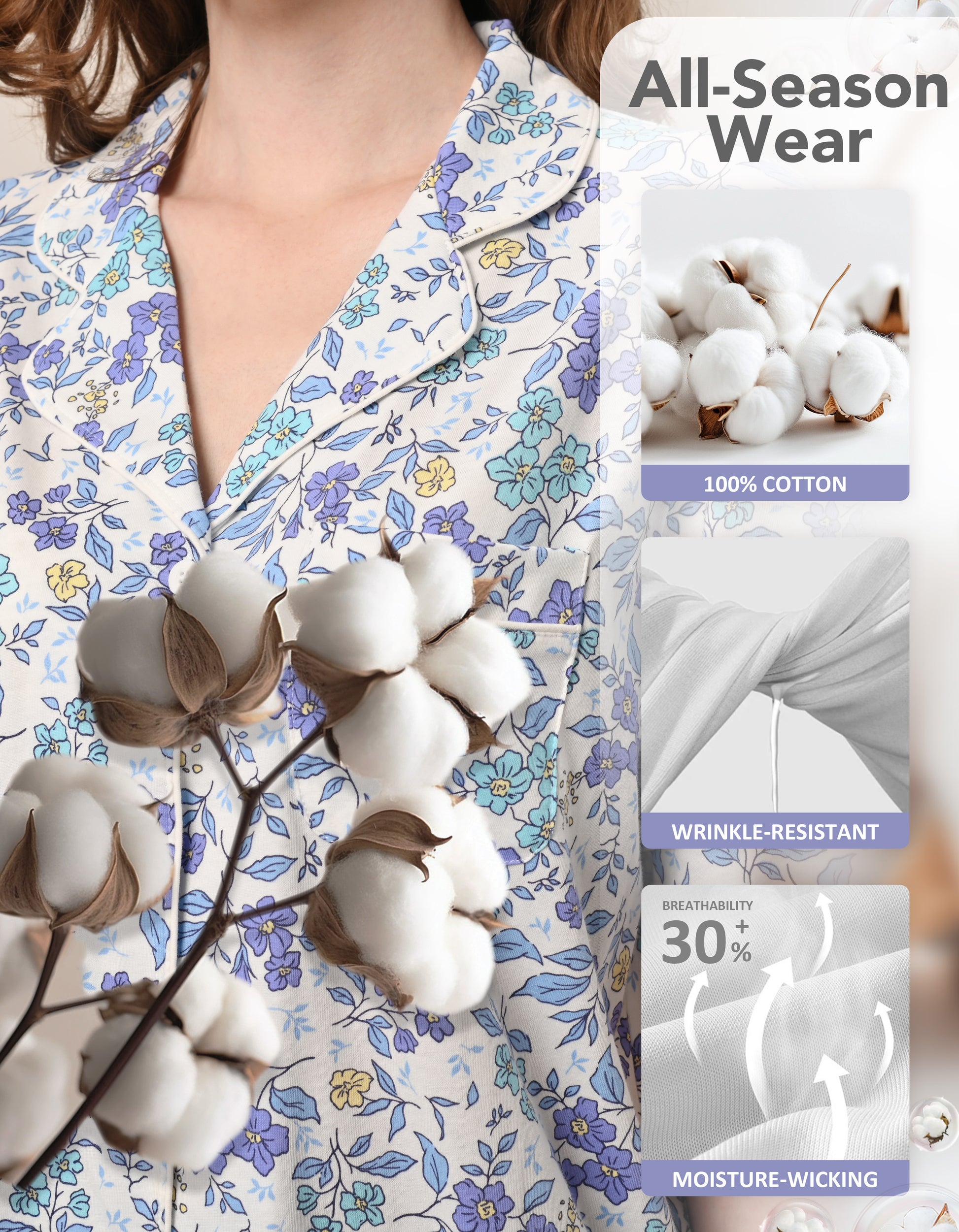 100 percent cotton fabric blue floral pajama set soft and breathable