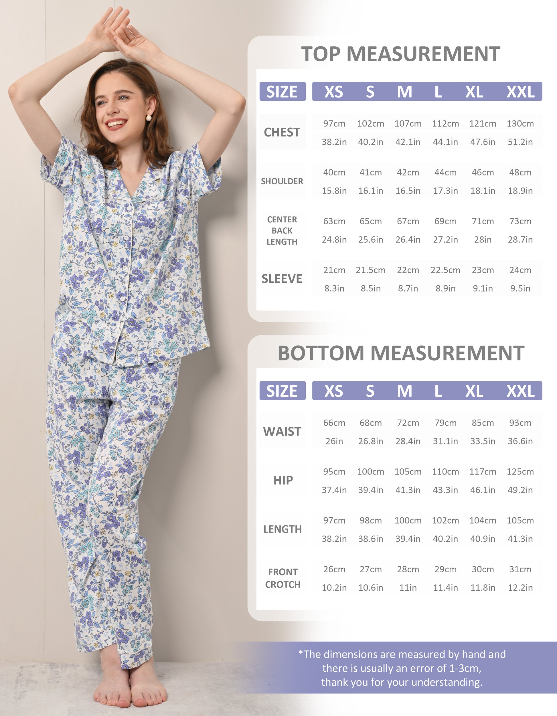 Size chart for women’s blue floral cotton pajama set XS to XXL
