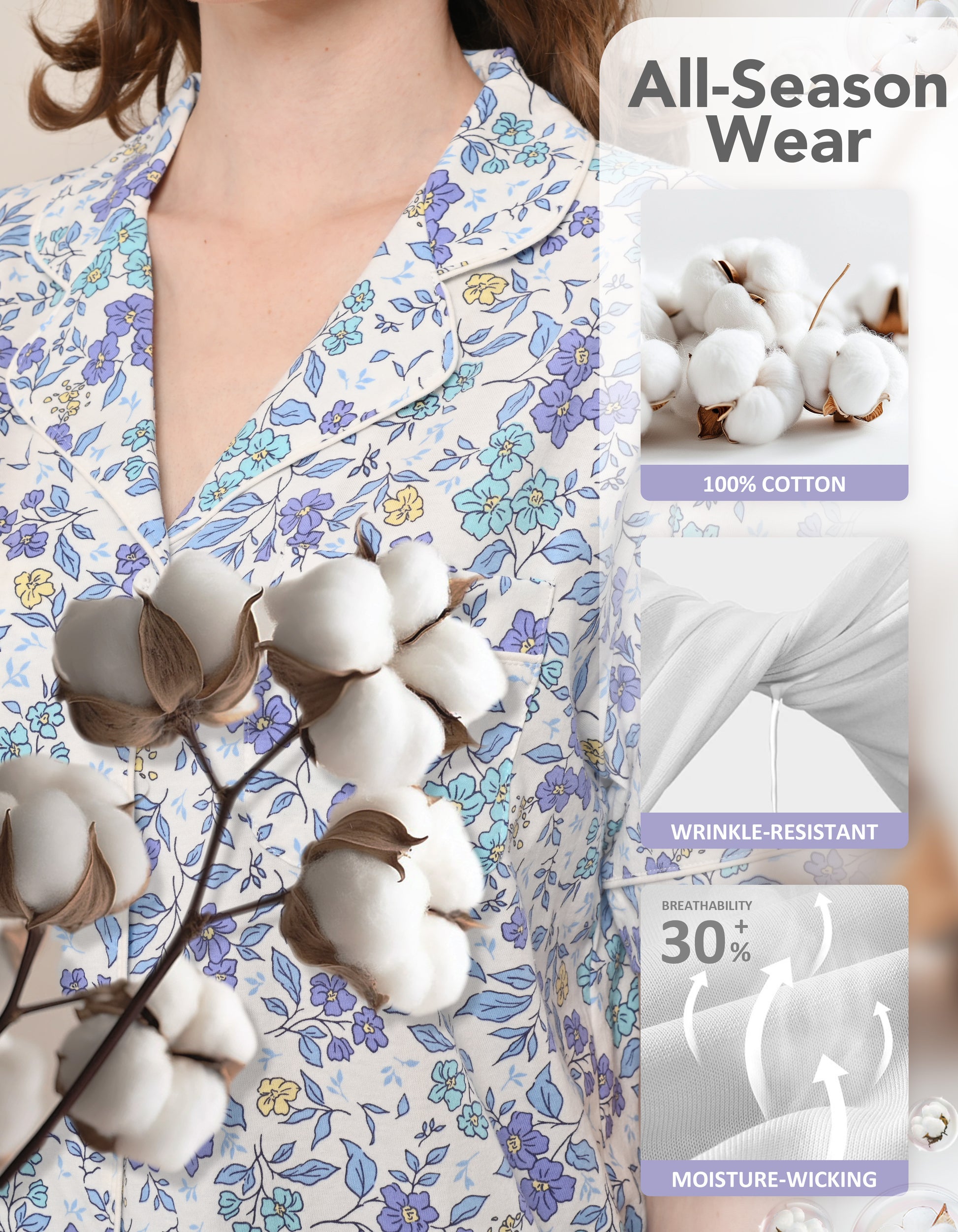 Close-up of blue floral print knit cotton pajama fabric showing softness and breathability