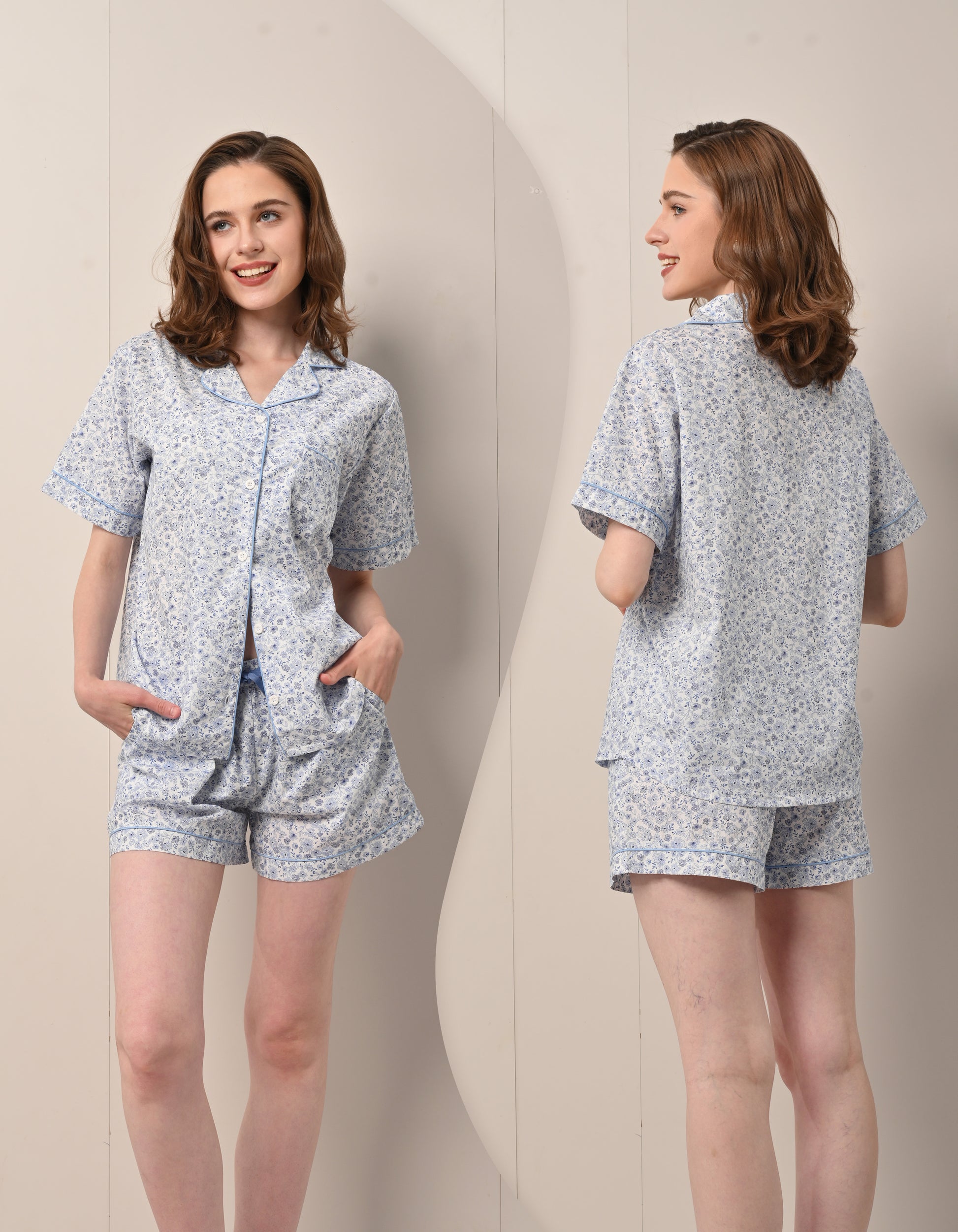 blue floral pajama set front and back view