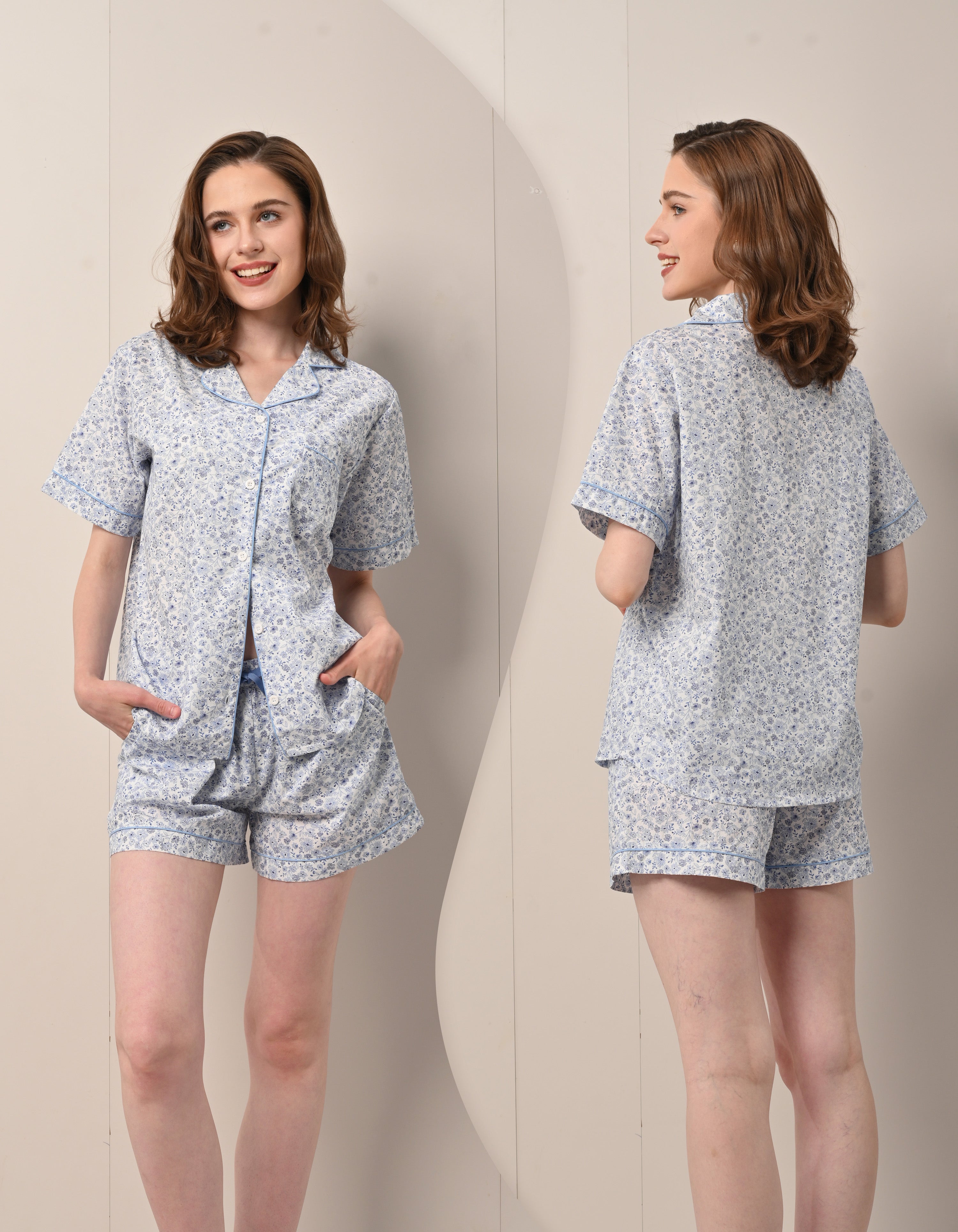 blue floral pajama set front and back view