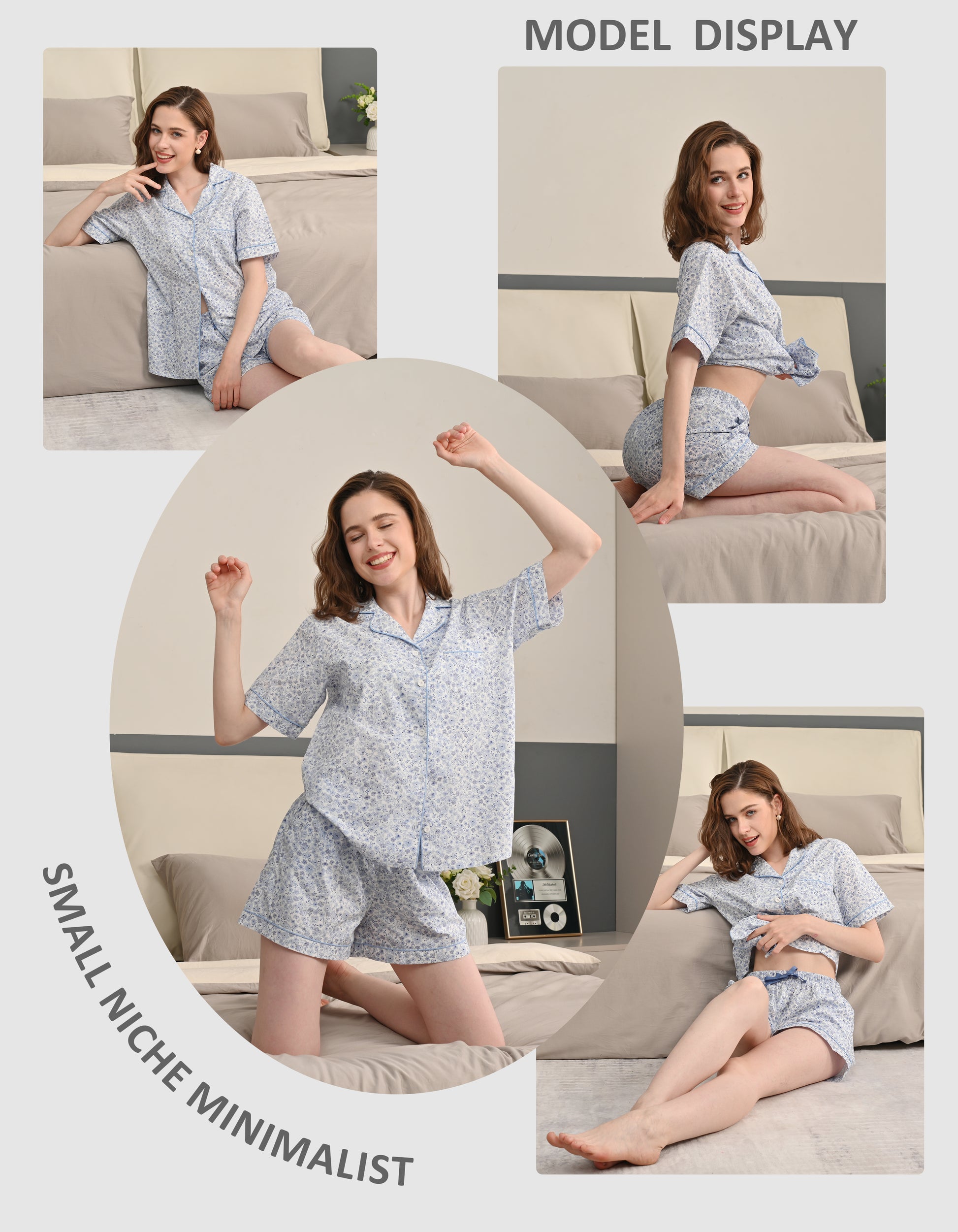 model wearing blue floral pajama set lifestyle home scene