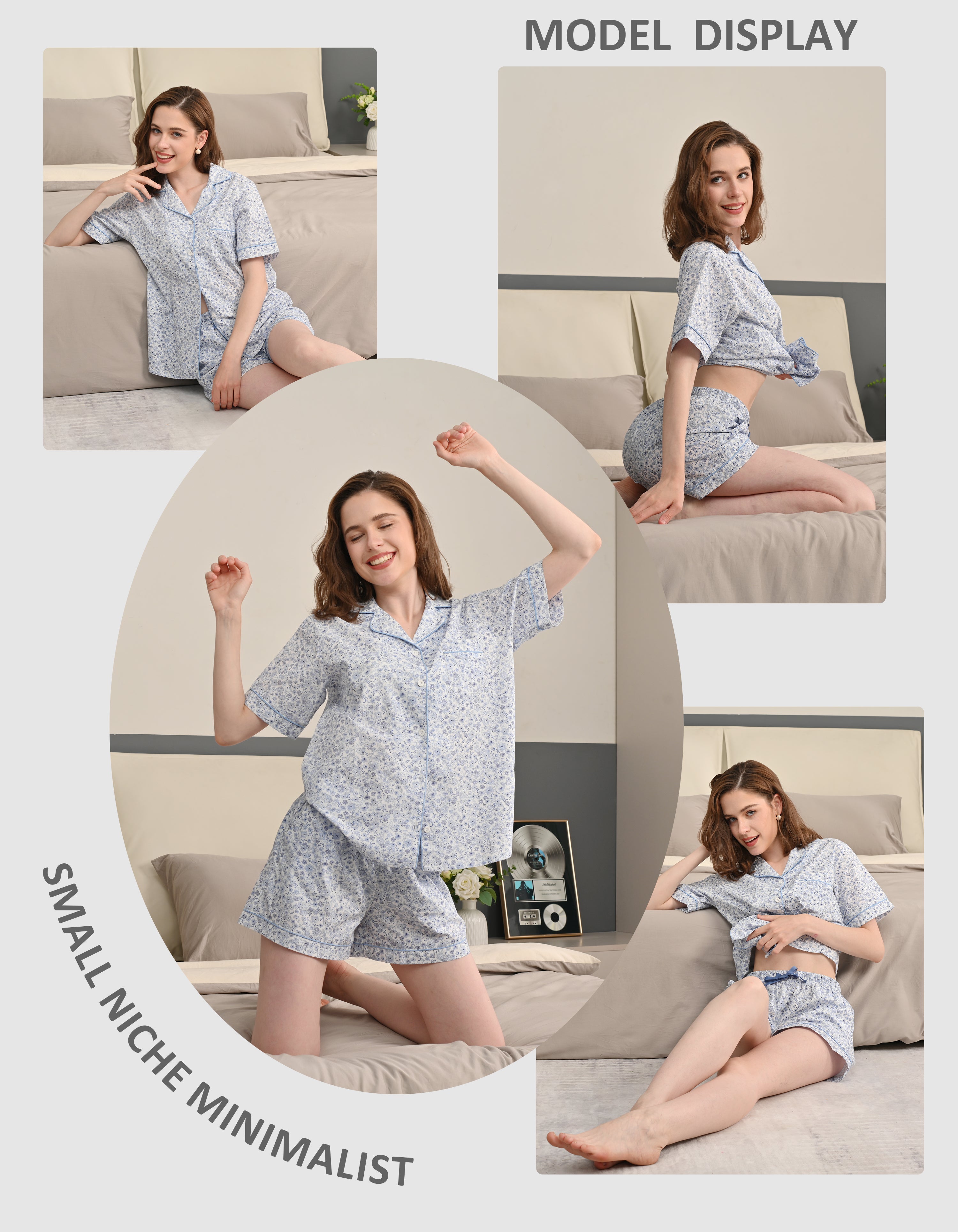 model wearing blue floral pajama set lifestyle home scene