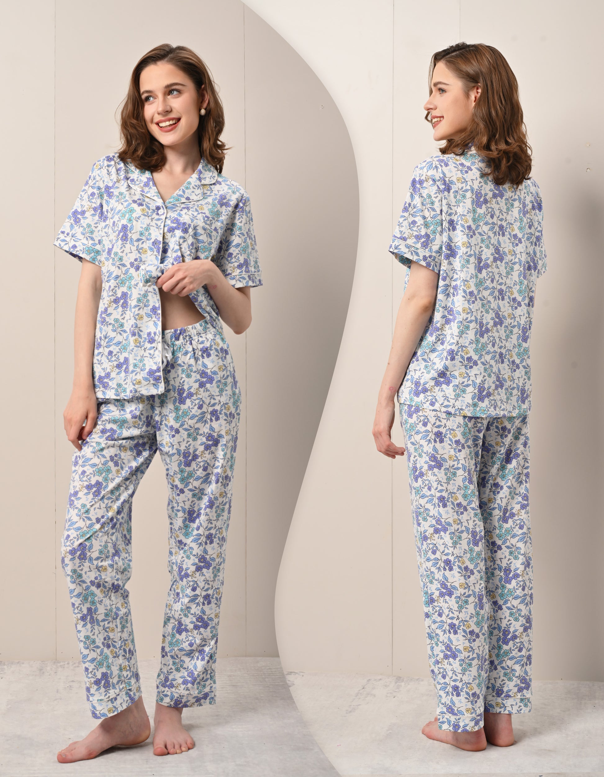 Front and back view of women’s blue floral cotton pajama set
