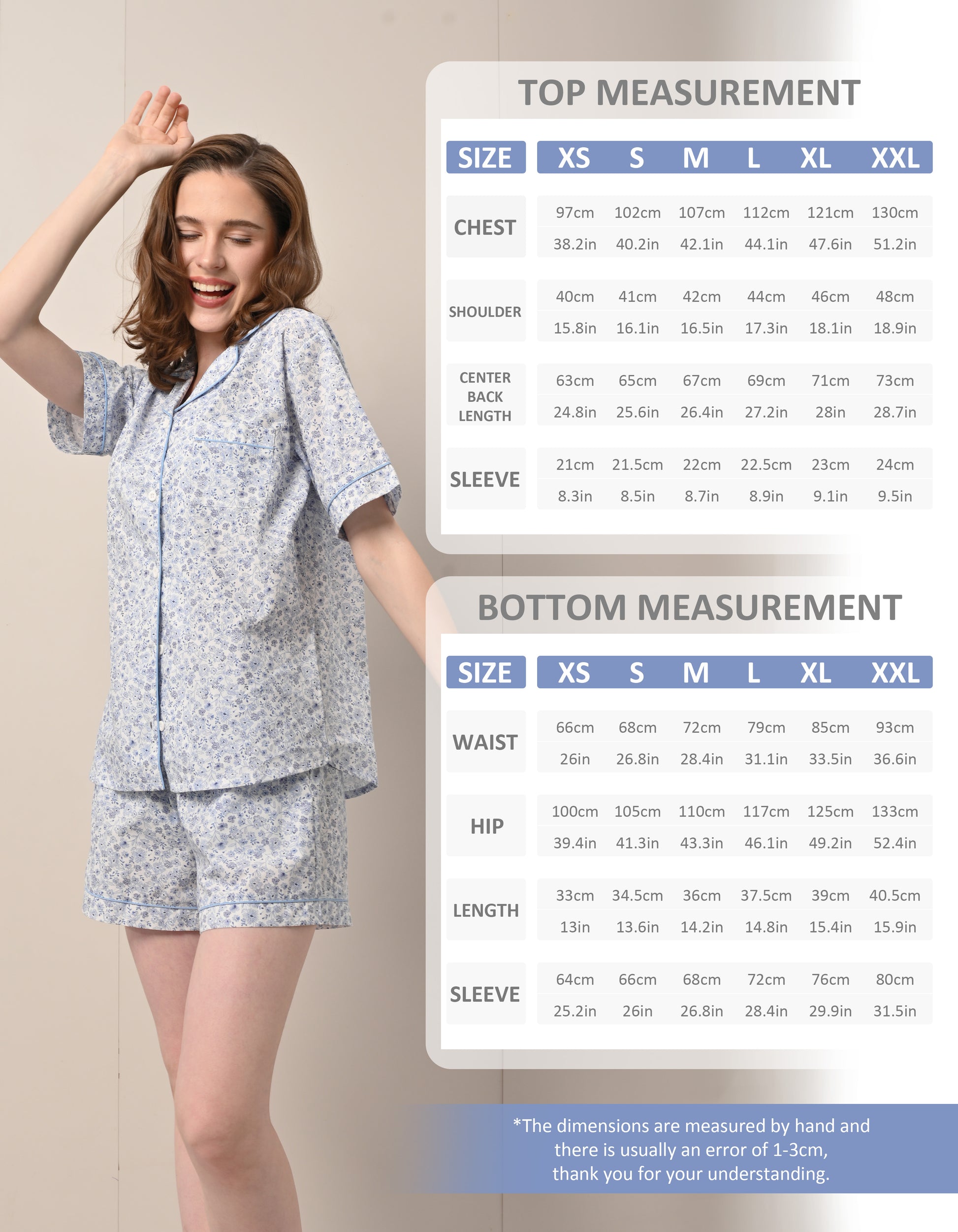women blue floral pajama set size chart