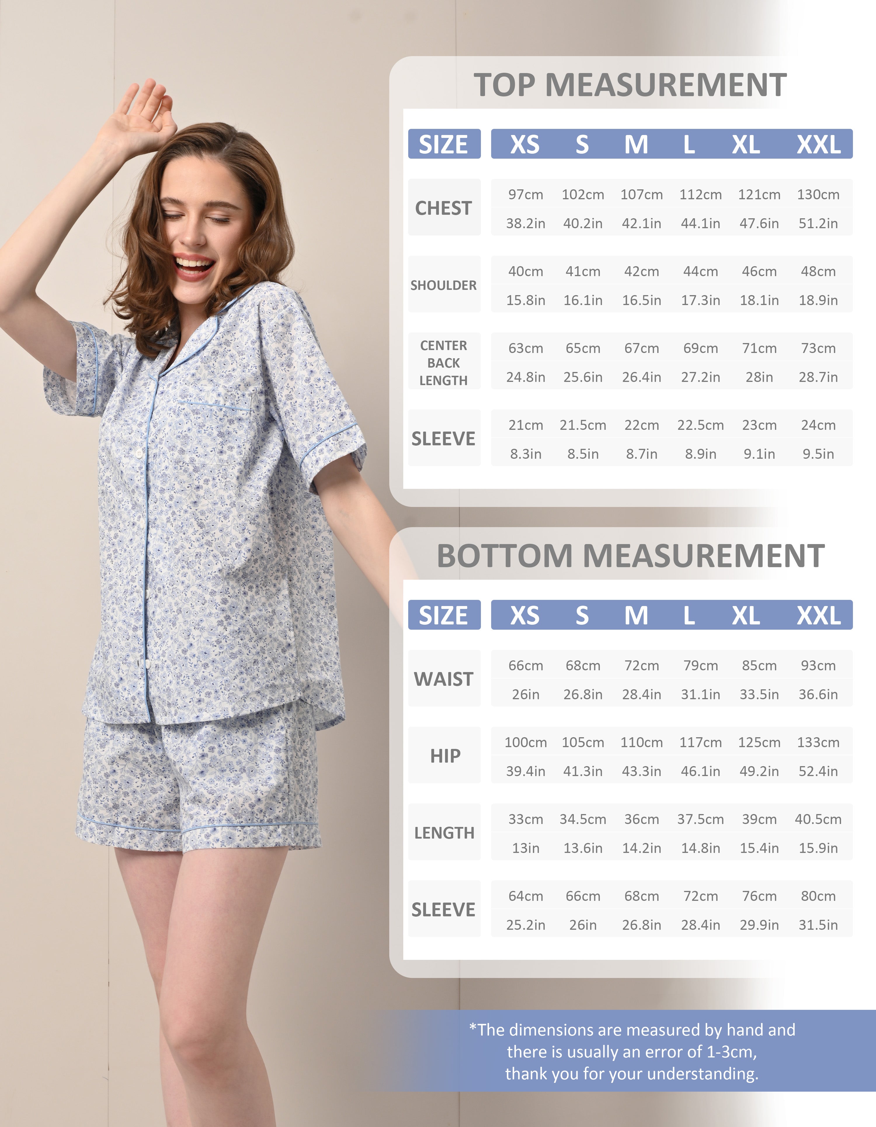 women blue floral pajama set size chart