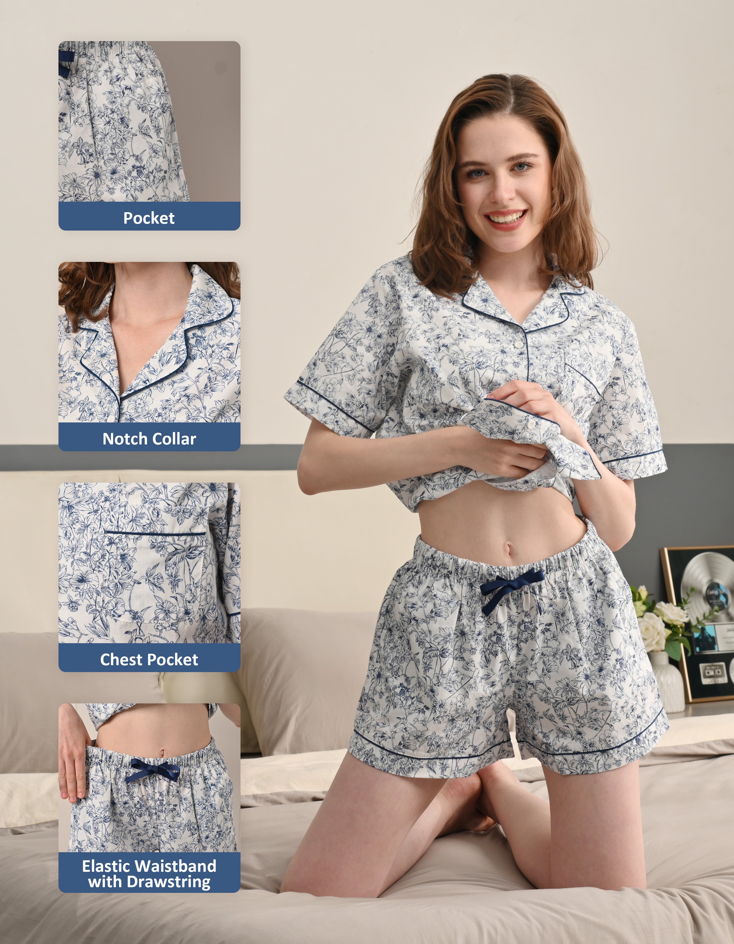Blue floral pajama set details including pocket, notched collar, chest pocket, and elastic waistband with drawstring