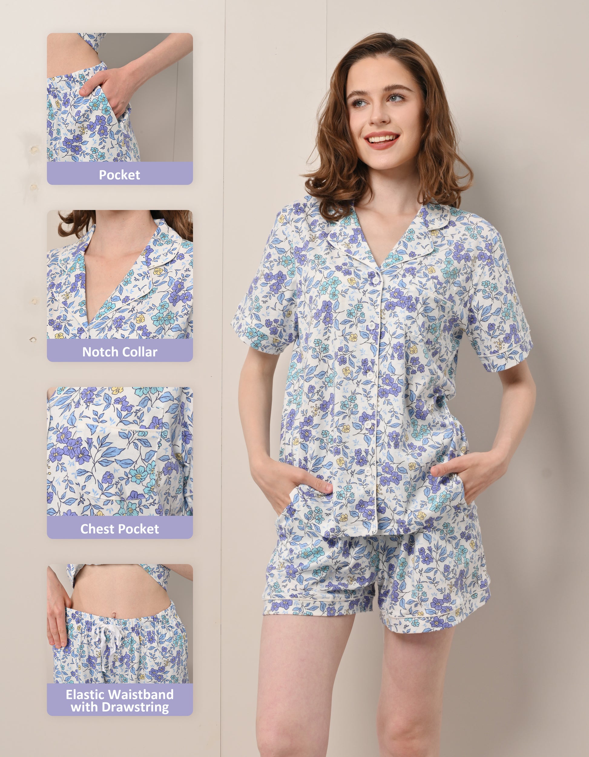 Design details of blue floral print pajamas including notch collar, chest pocket, and drawstring waistband