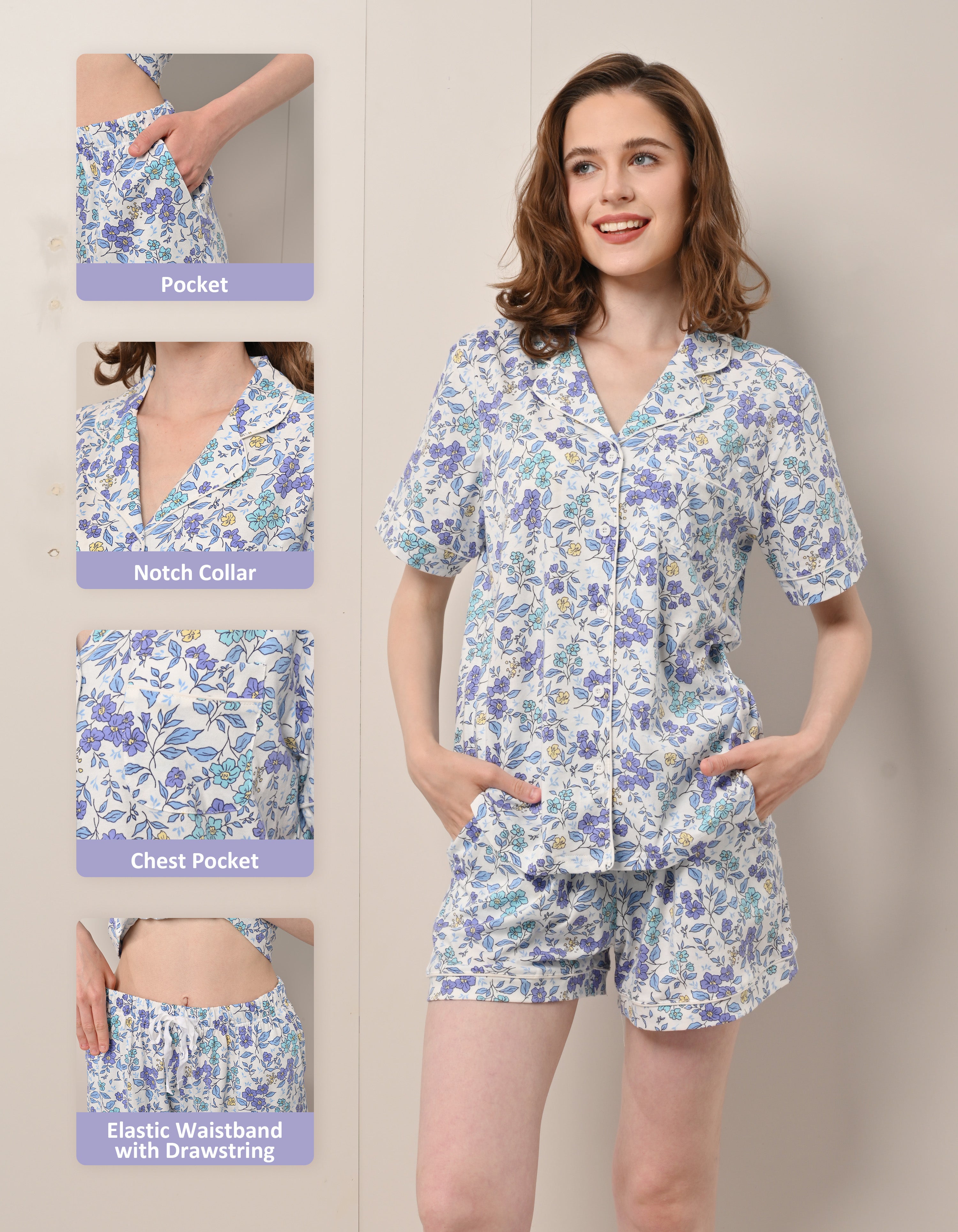 Design details of blue floral print pajamas including notch collar, chest pocket, and drawstring waistband