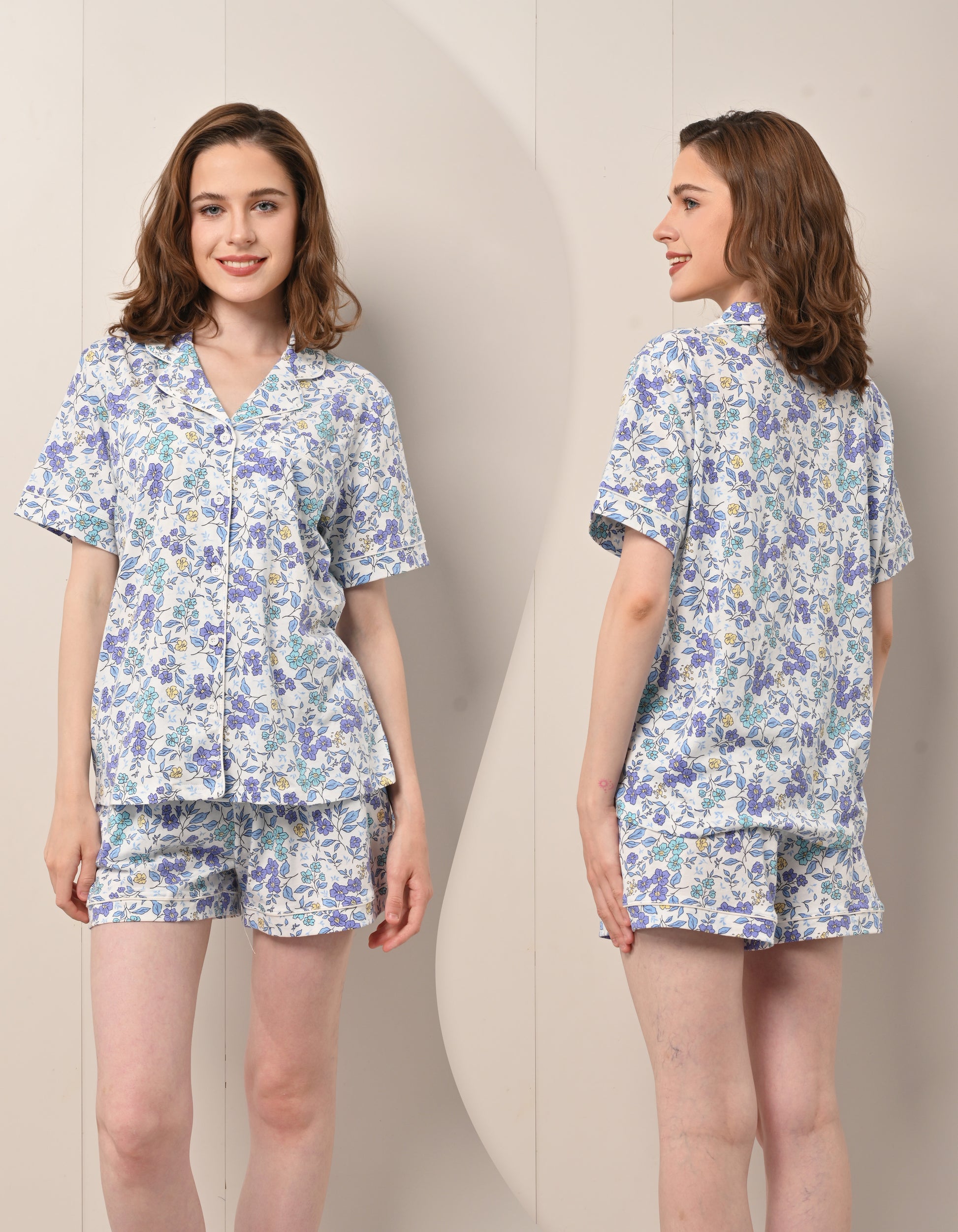 Front and back view comparison of blue floral print women’s pajama set