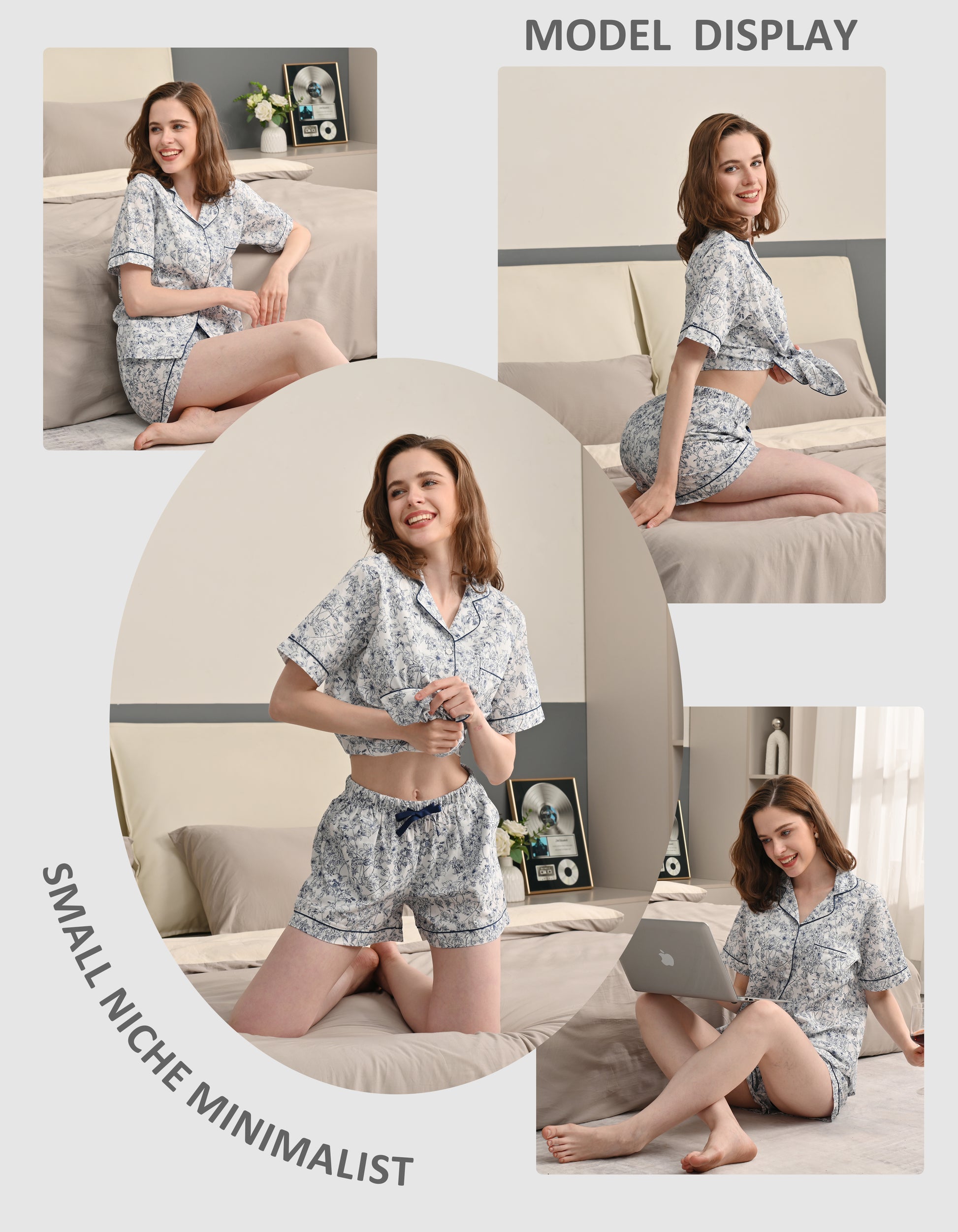 Model wearing blue floral woven cotton pajama set in home lifestyle scenes