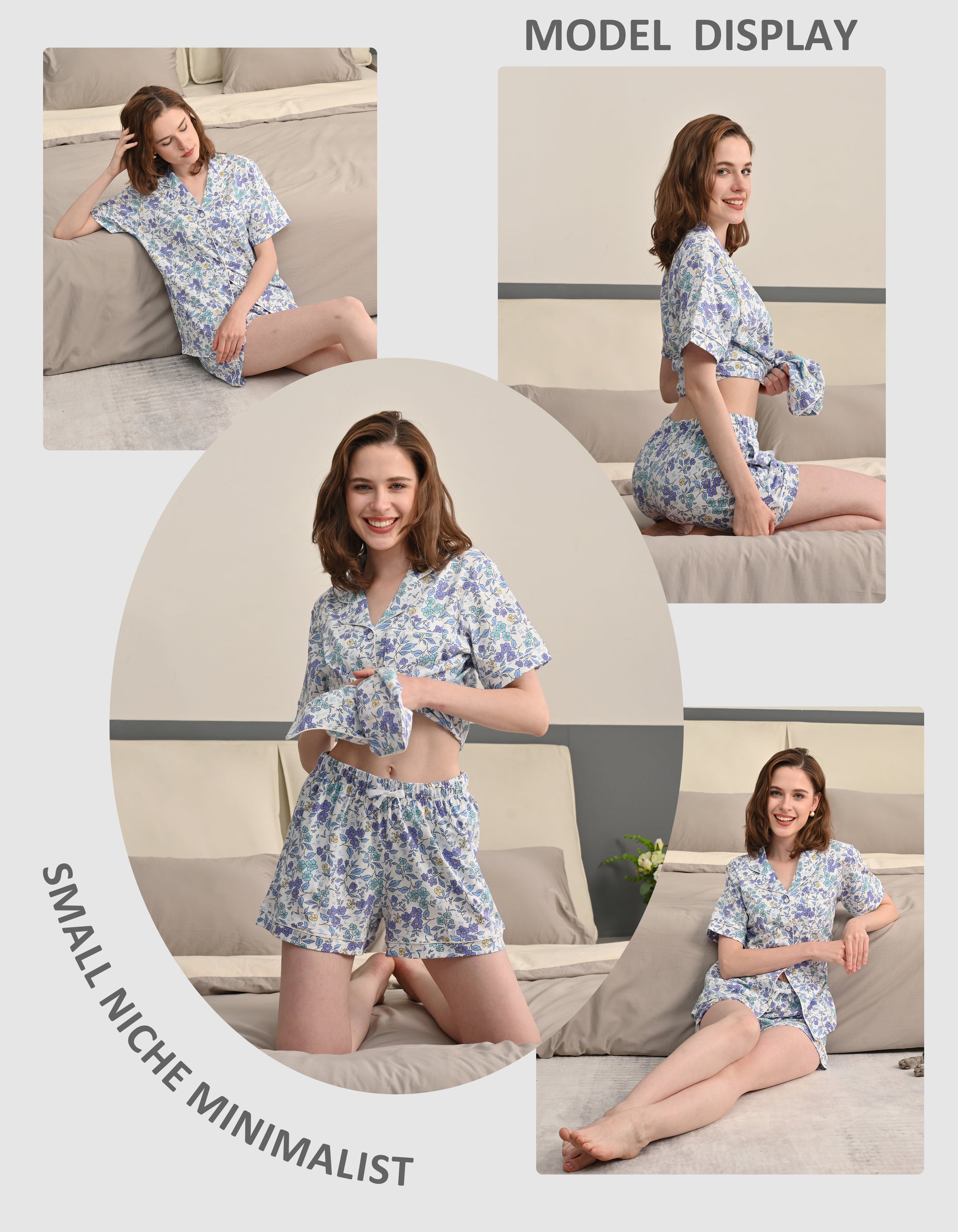 Model wearing blue floral print knit cotton pajamas in cozy home and living room scenes