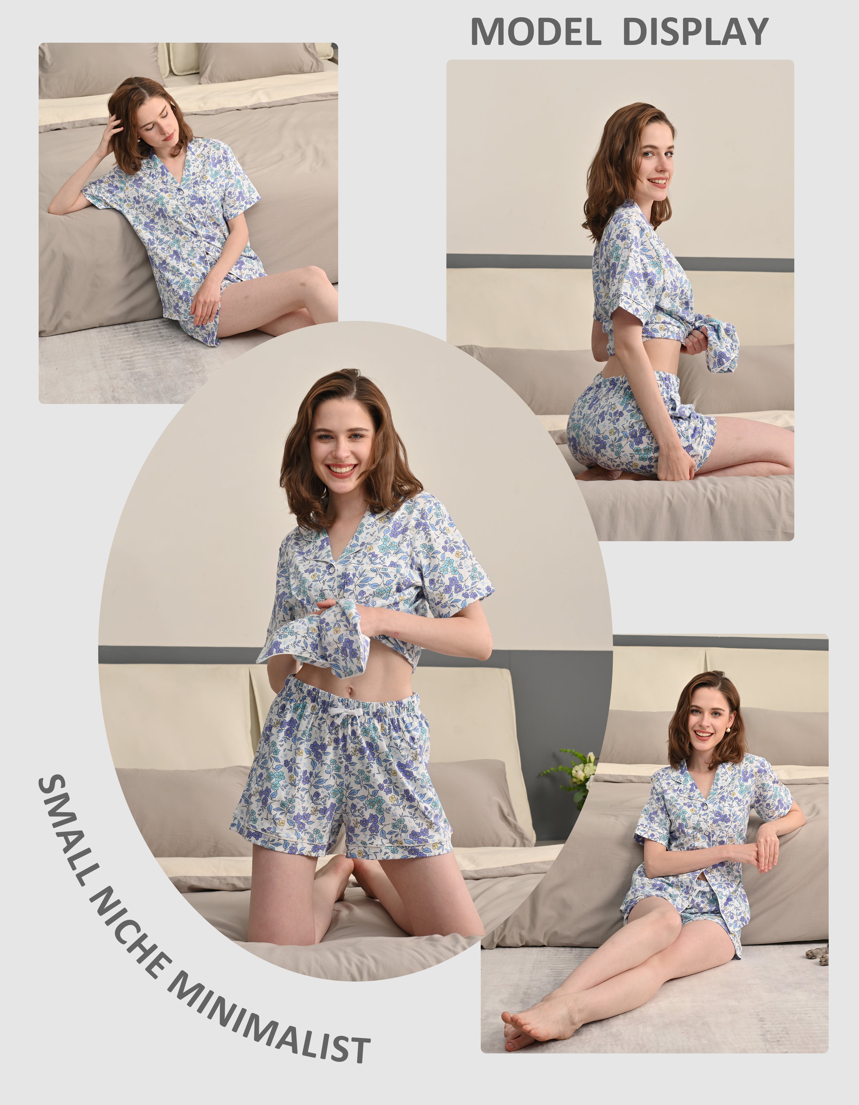 Model wearing blue floral print knit cotton pajamas in cozy home and living room scenes