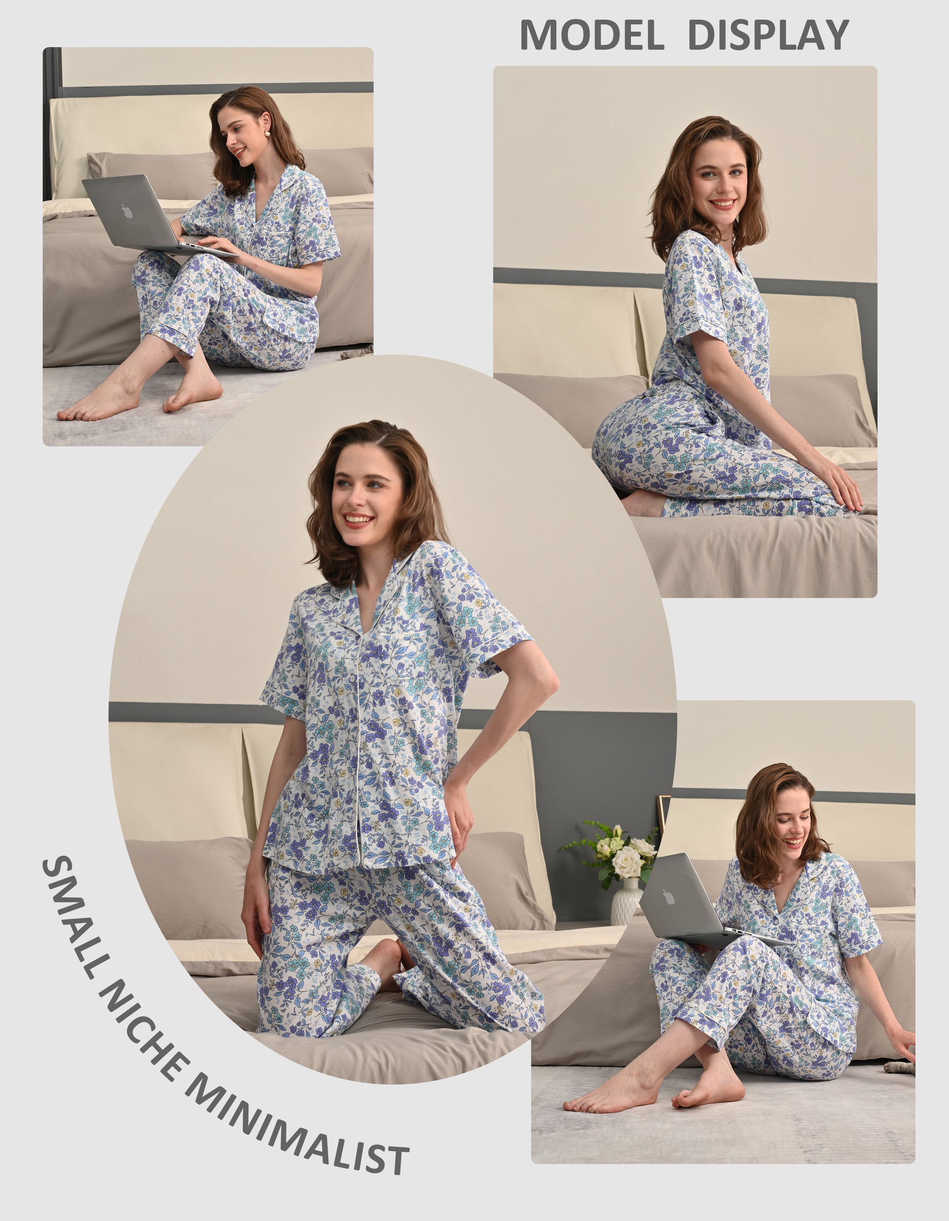 Model wearing blue floral cotton pajamas for sleep and home loungewear