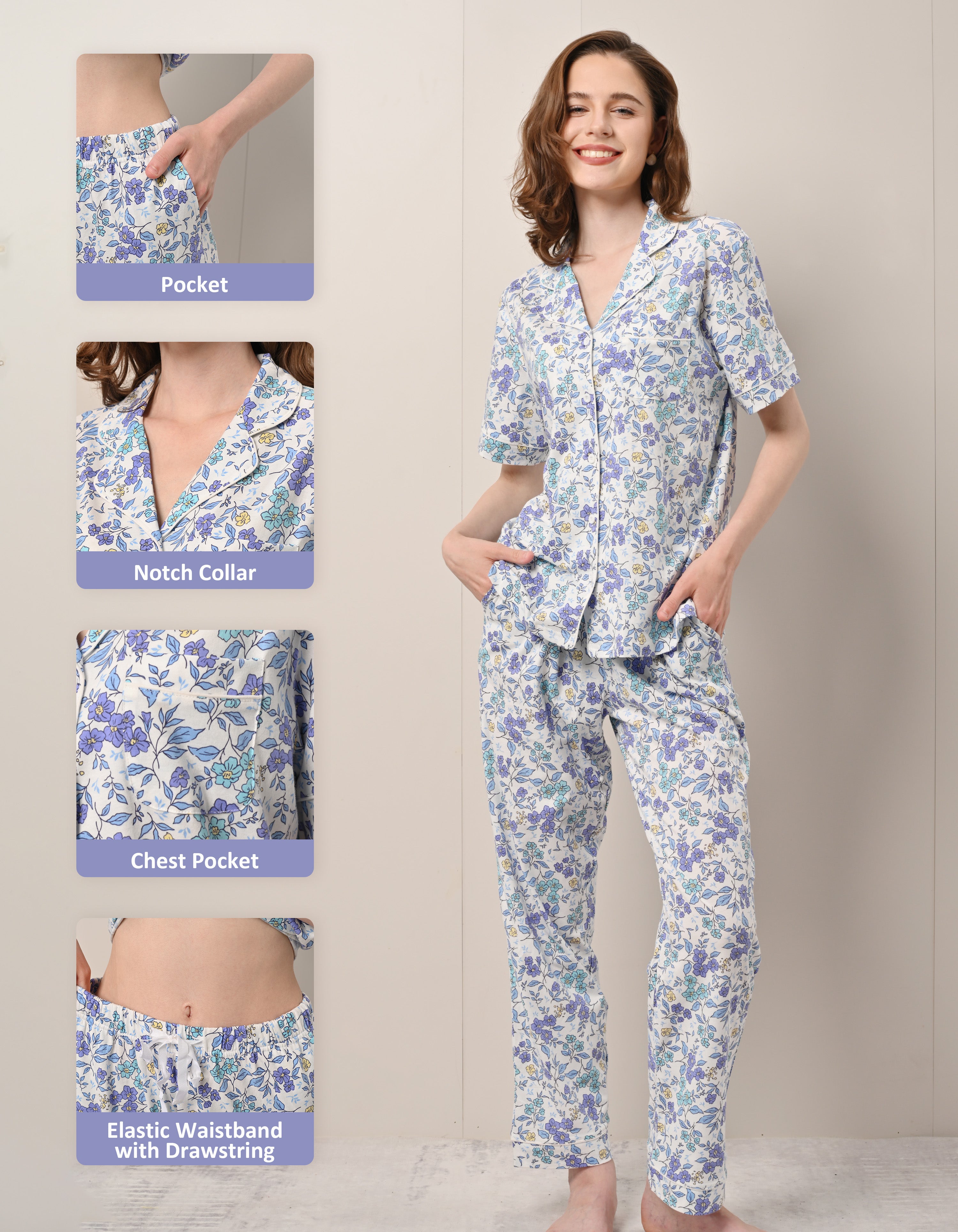 Blue floral cotton pajamas details notch collar chest pocket elastic waistband drawstring