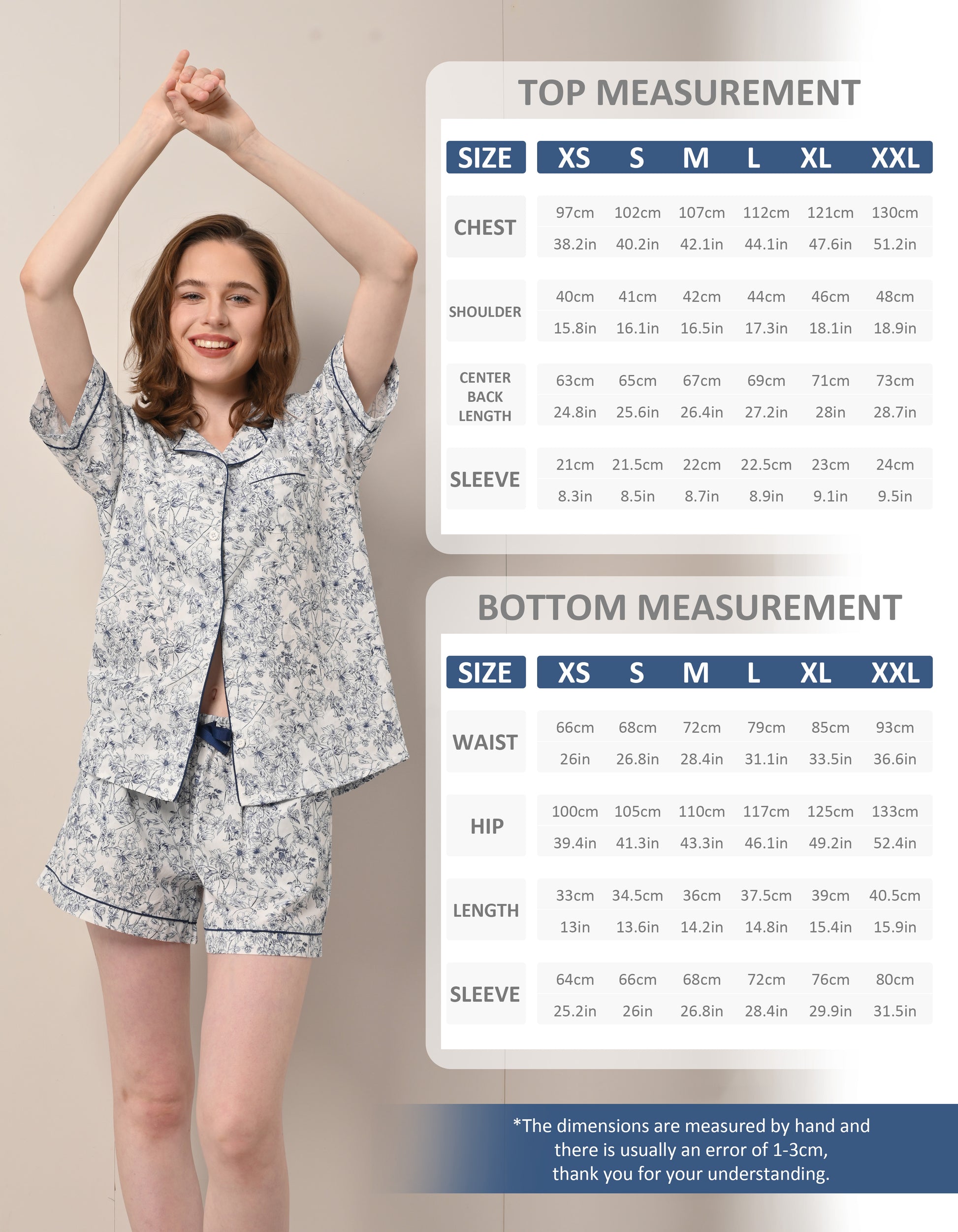 Size chart for women blue floral woven cotton pajama set top and shorts