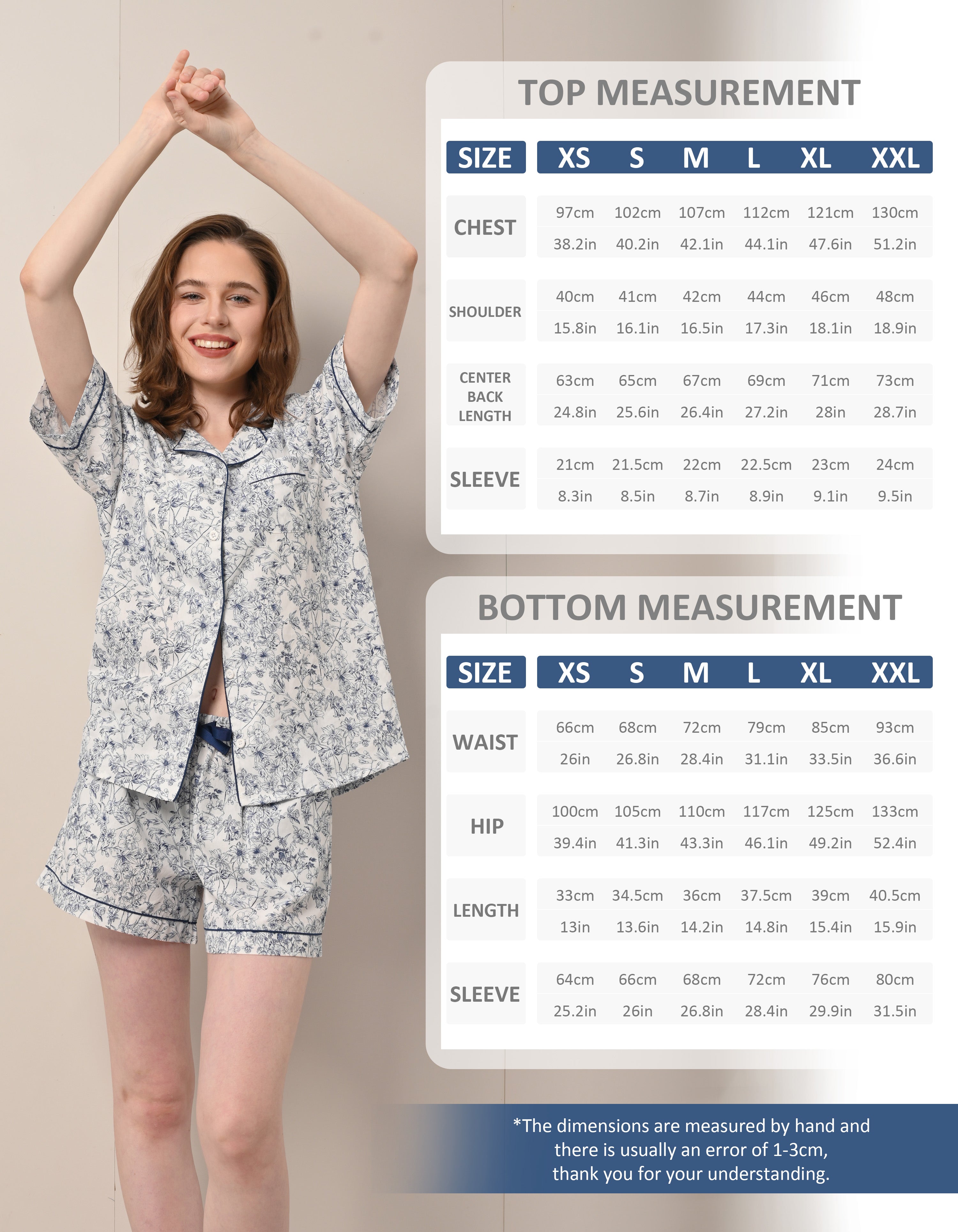 Size chart for women blue floral woven cotton pajama set top and shorts