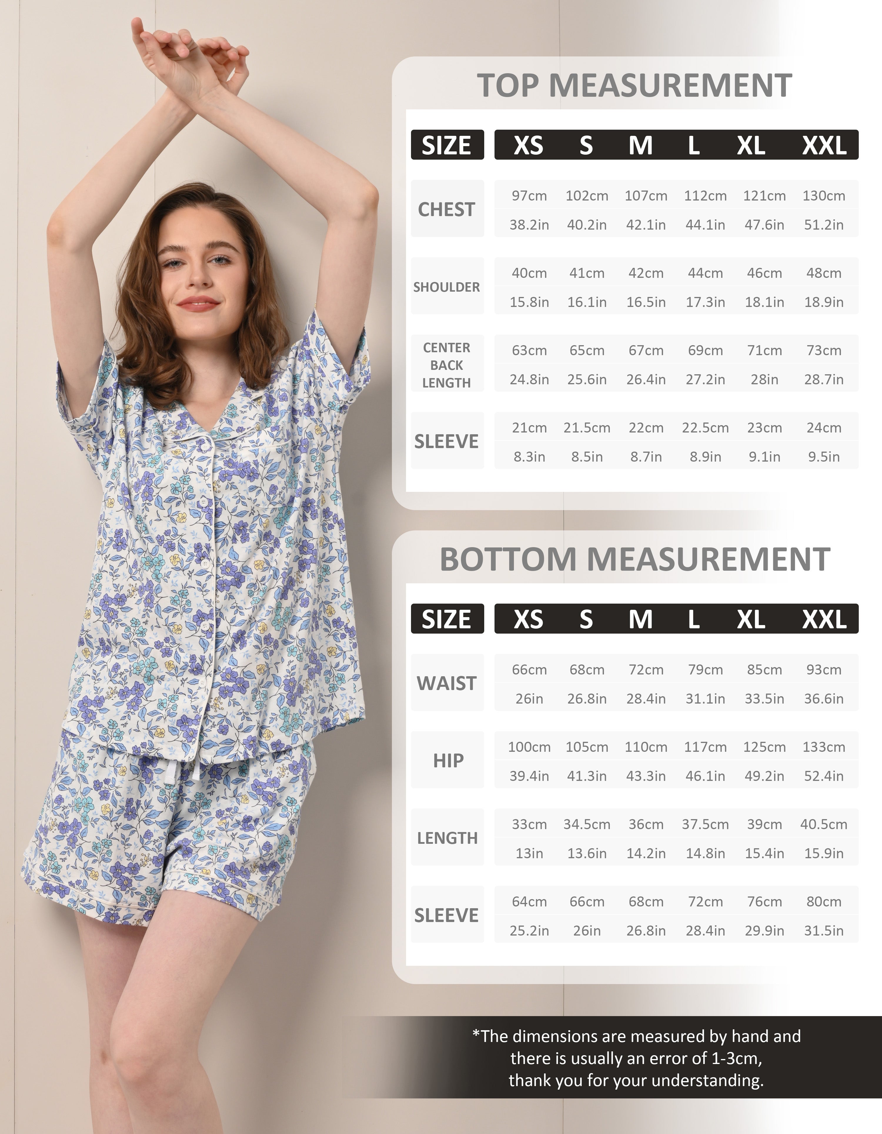 Size chart for women’s blue floral print knit cotton pajama set top and shorts