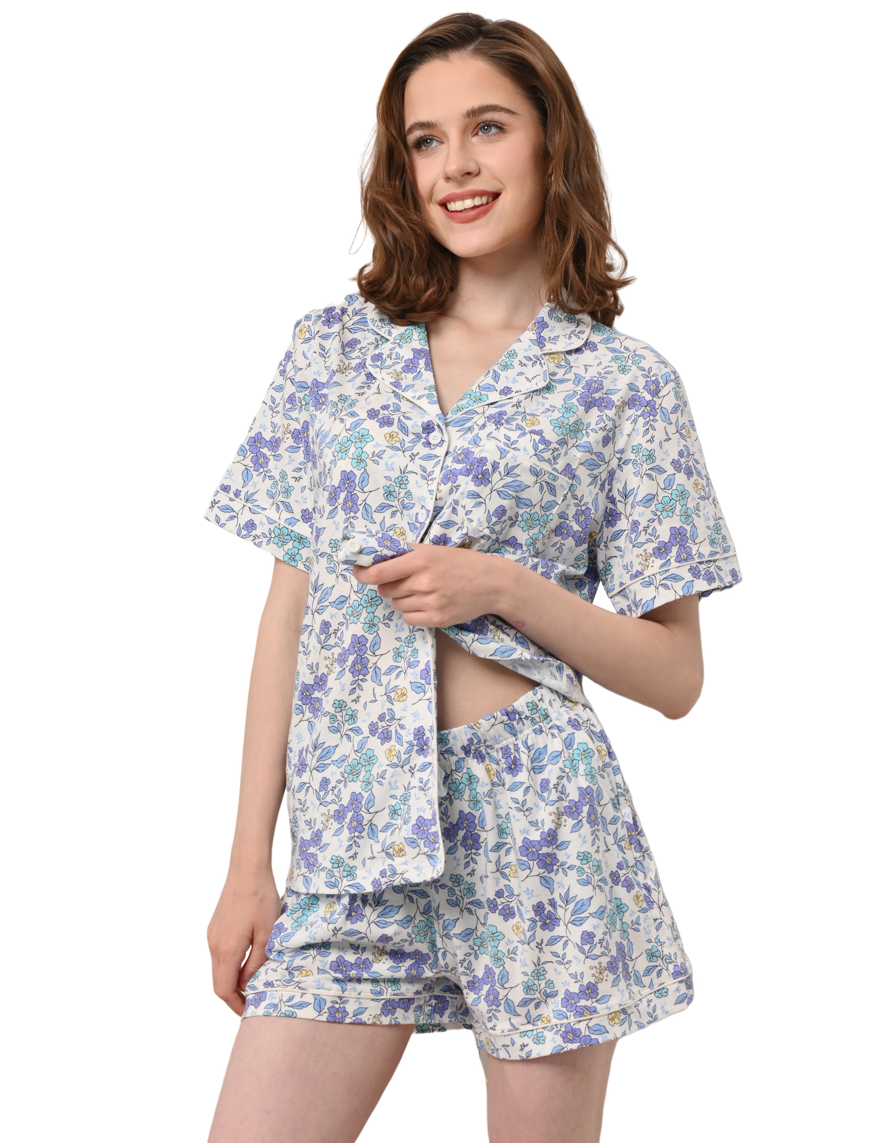 Blue floral print women’s knit cotton pajama set with short sleeve top and shorts on white background