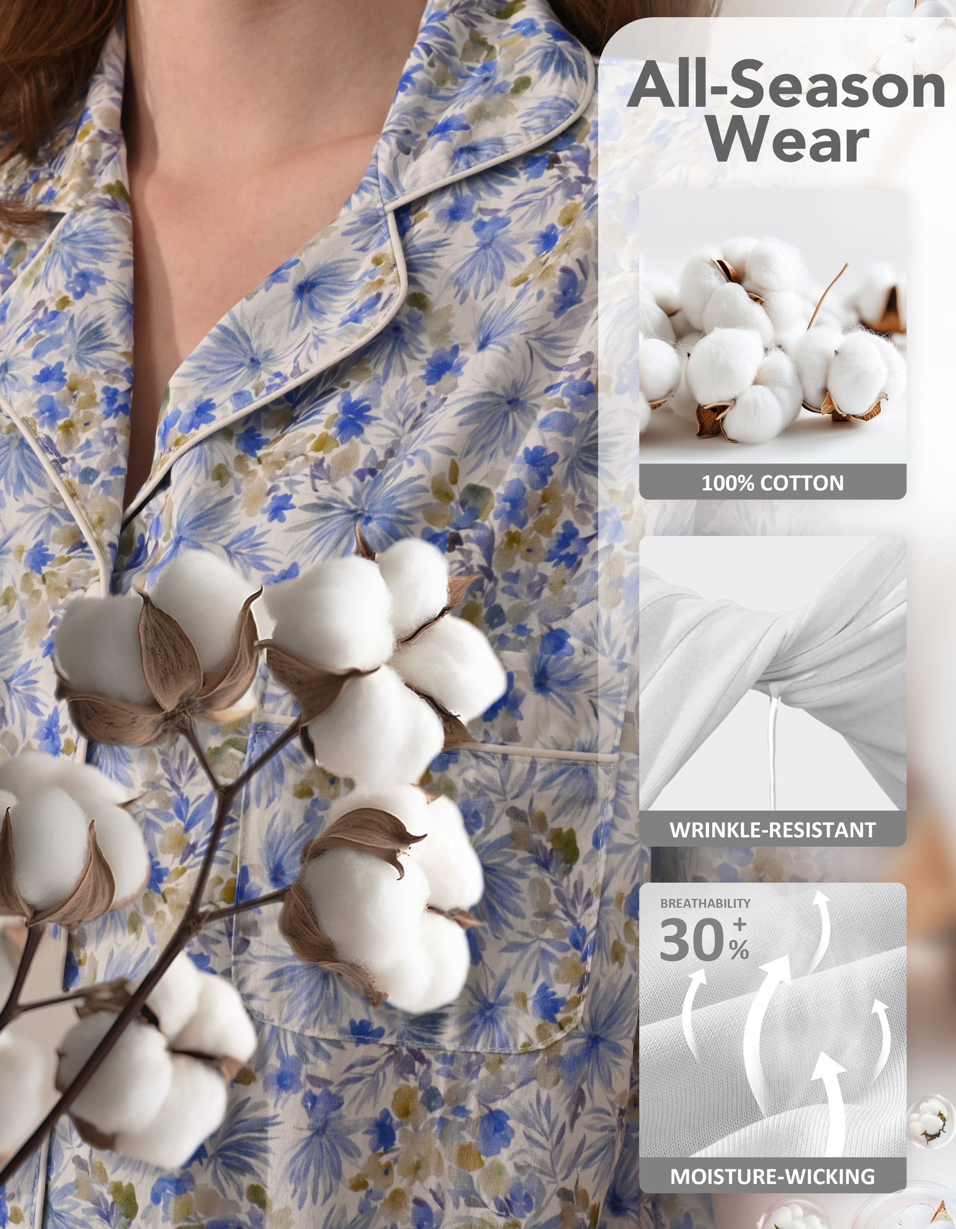 blue floral woven cotton fabric breathable lightweight texture