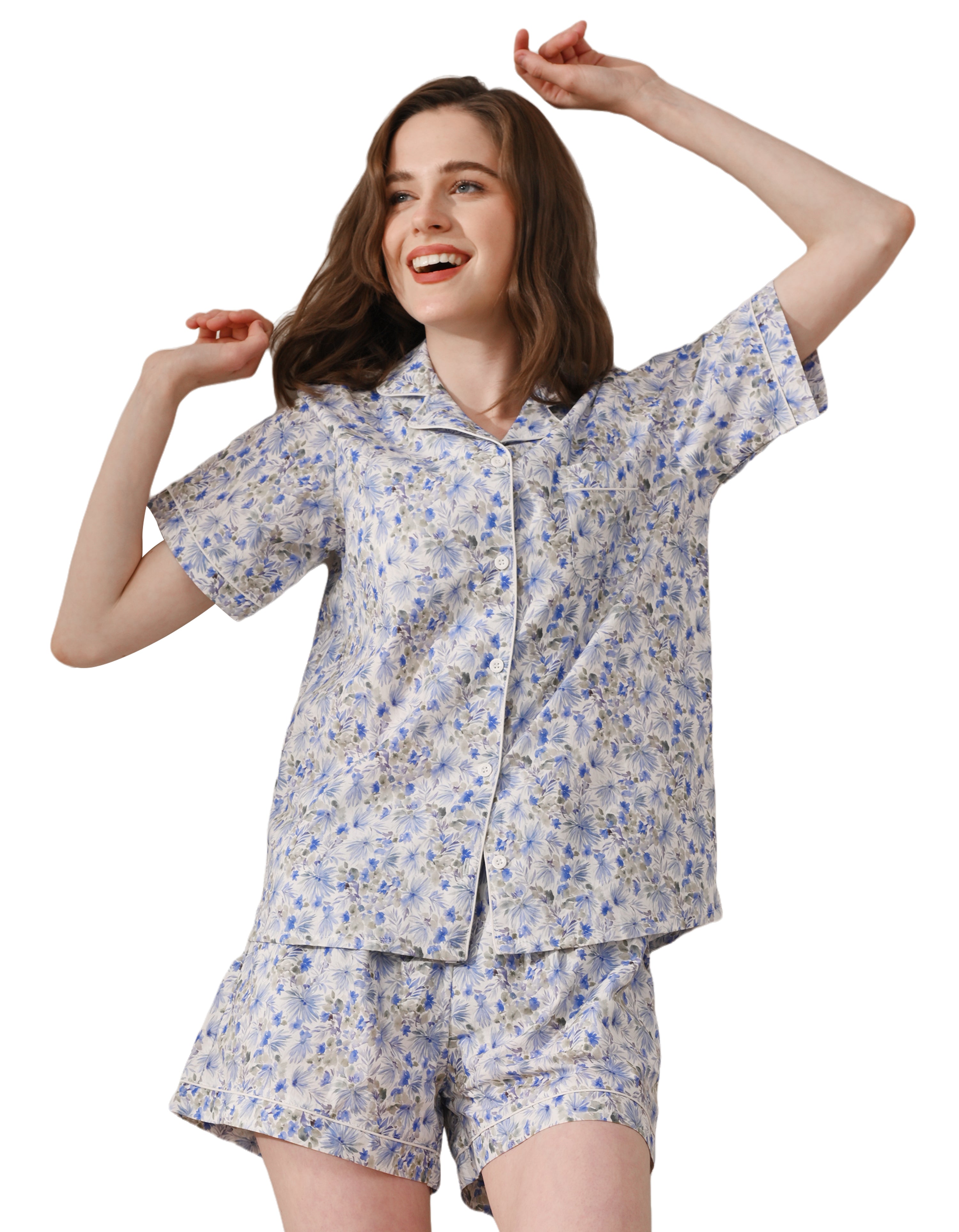 women blue floral woven cotton pajama set front view white background